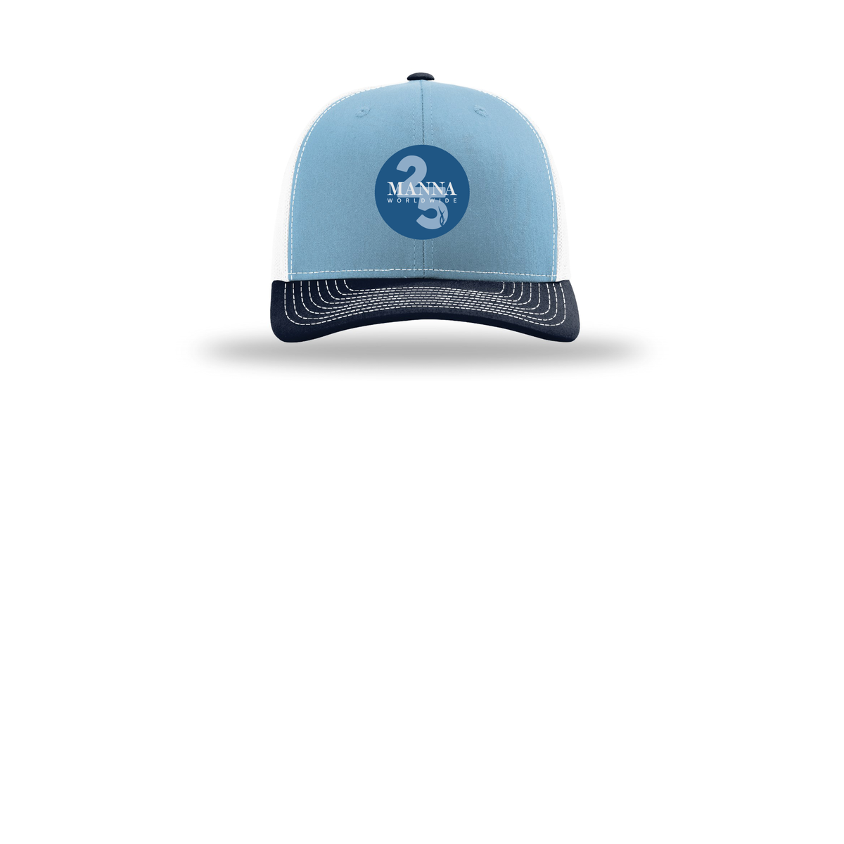mannaworldwide-richardson-trucker-cap-embroidery-capfront-R112-columbiabluewhitenavy-flat-front