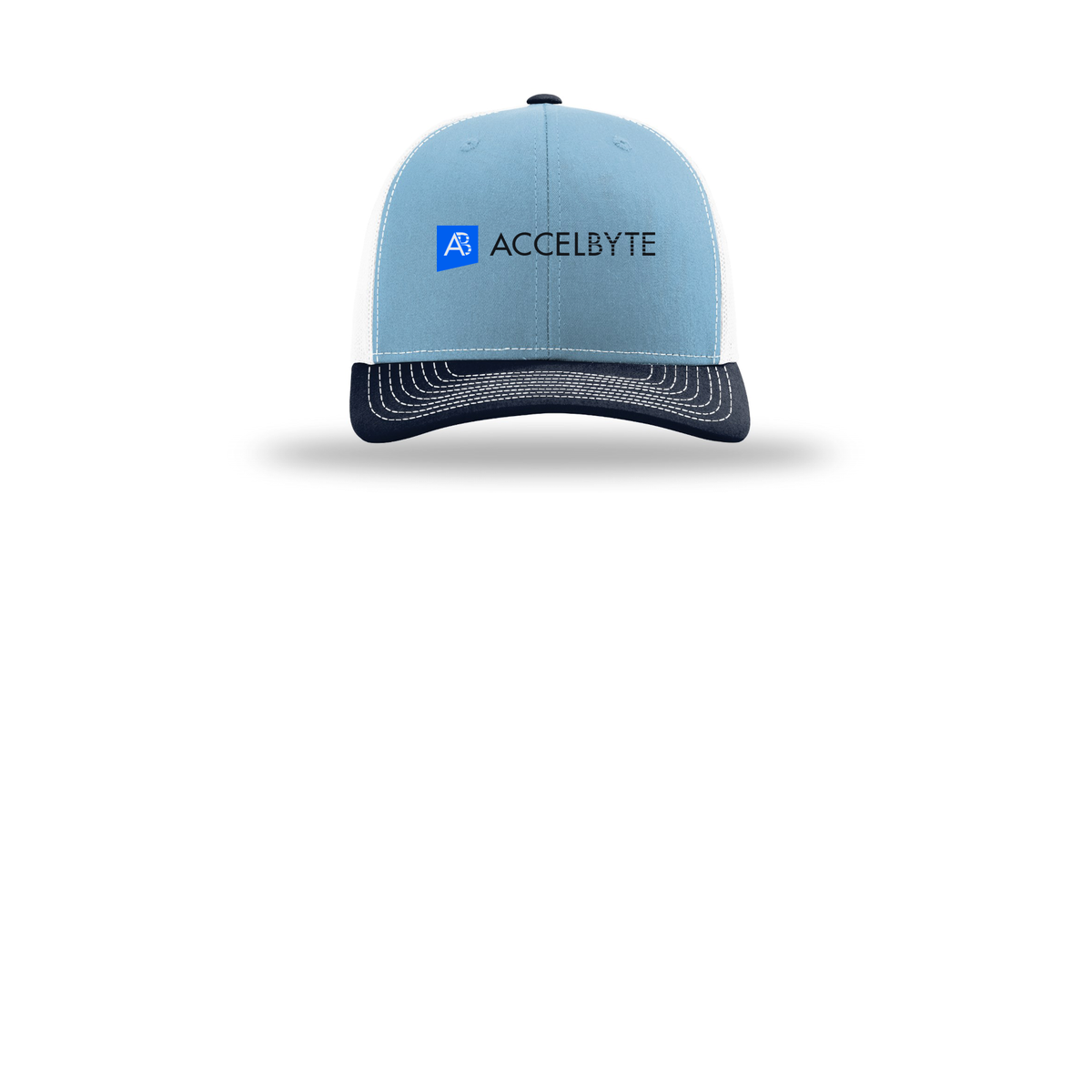 accelbyte-richardson-trucker-cap-embroidery-capfront-R112-columbiabluewhitenavy-flat-front