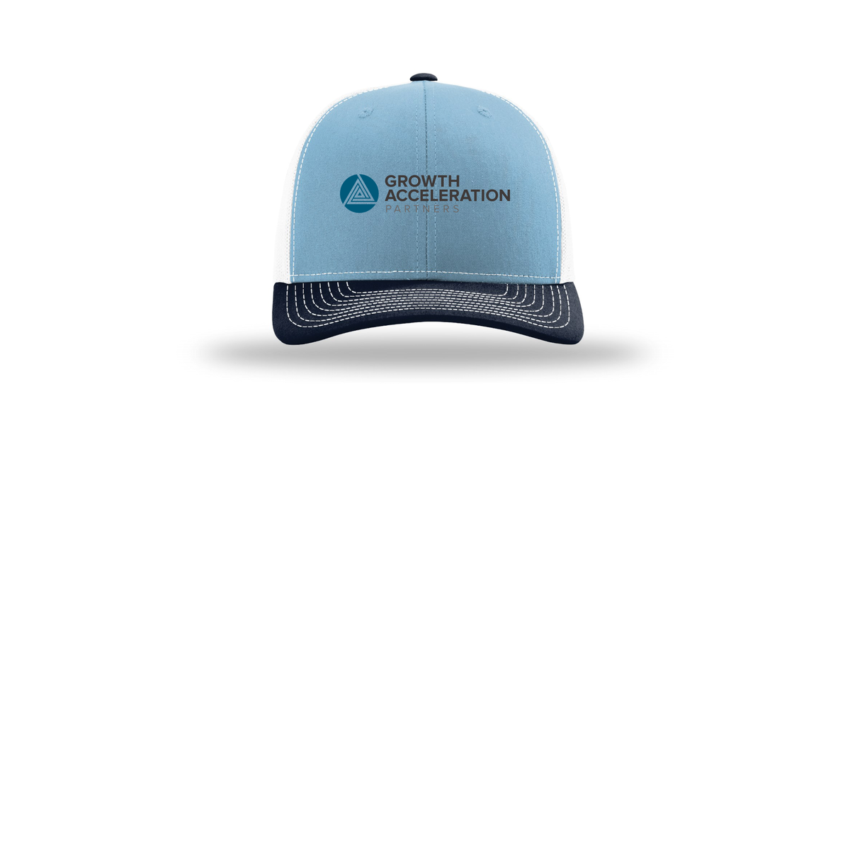 growthaccelerationpartners-richardson-trucker-cap-embroidery-capfront-R112-columbiabluewhitenavy-flat-front