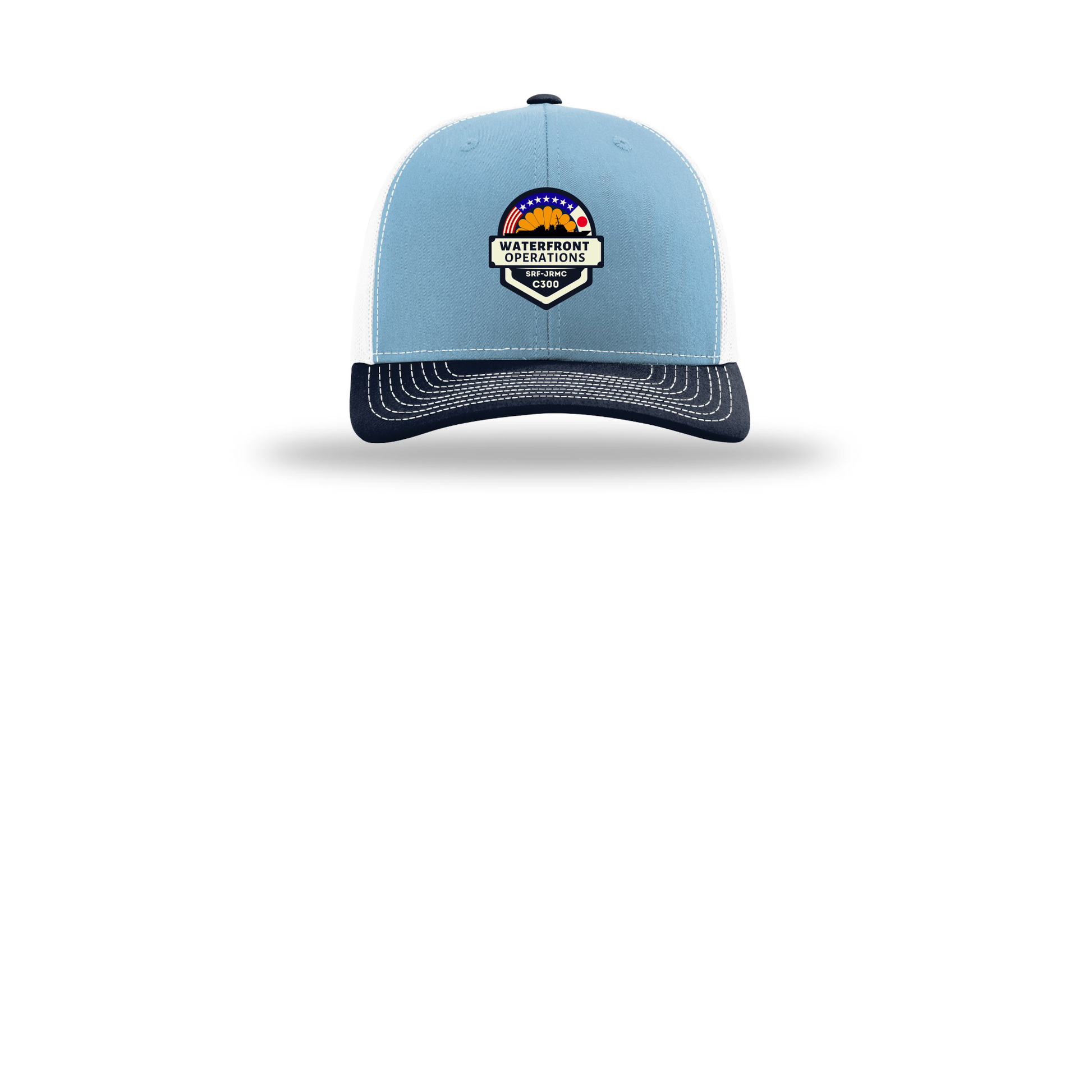 waterfront-operations-retro-trucker-cap-embroidery-capfront-R112-columbiabluewhitenavy-flat-front