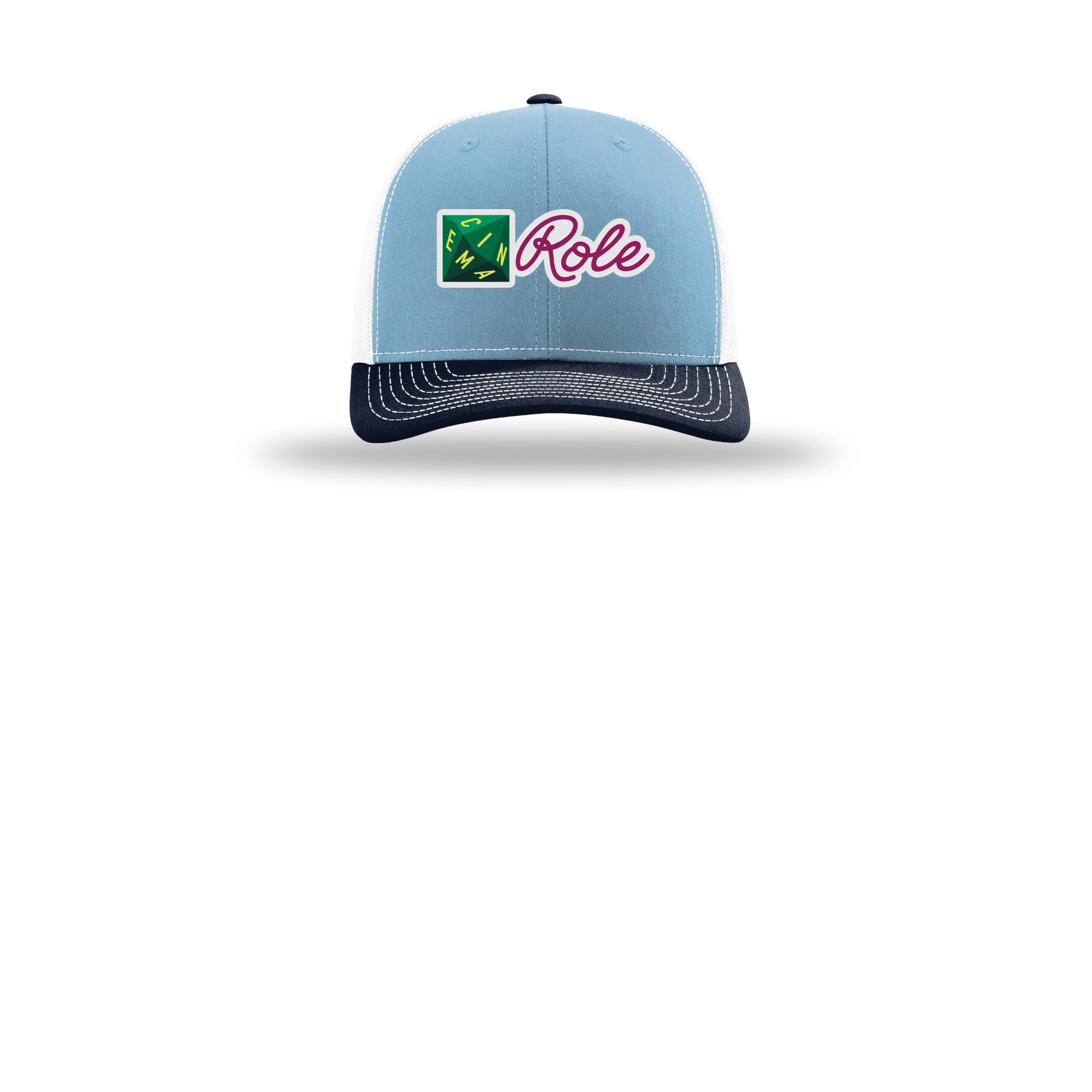 cinemarole-richardson-trucker-cap-embroidery-capfront-R112-columbiabluewhitenavy-flat-front