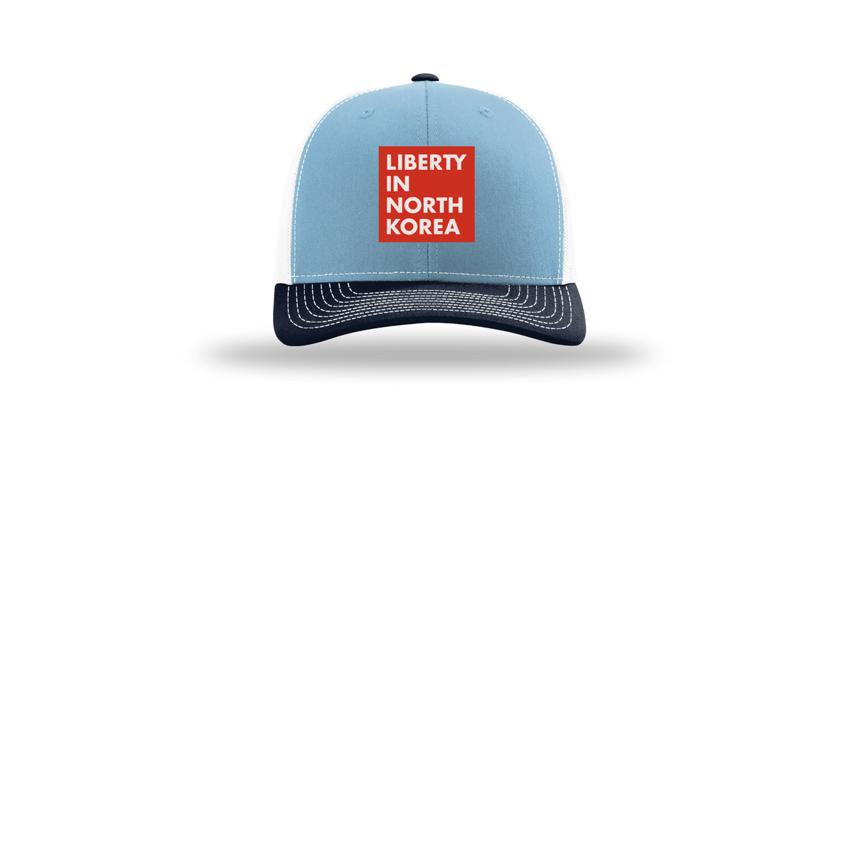 libertyinnorthkorea-richardson-trucker-cap-embroidery-capfront-R112-columbiabluewhitenavy-flat-front