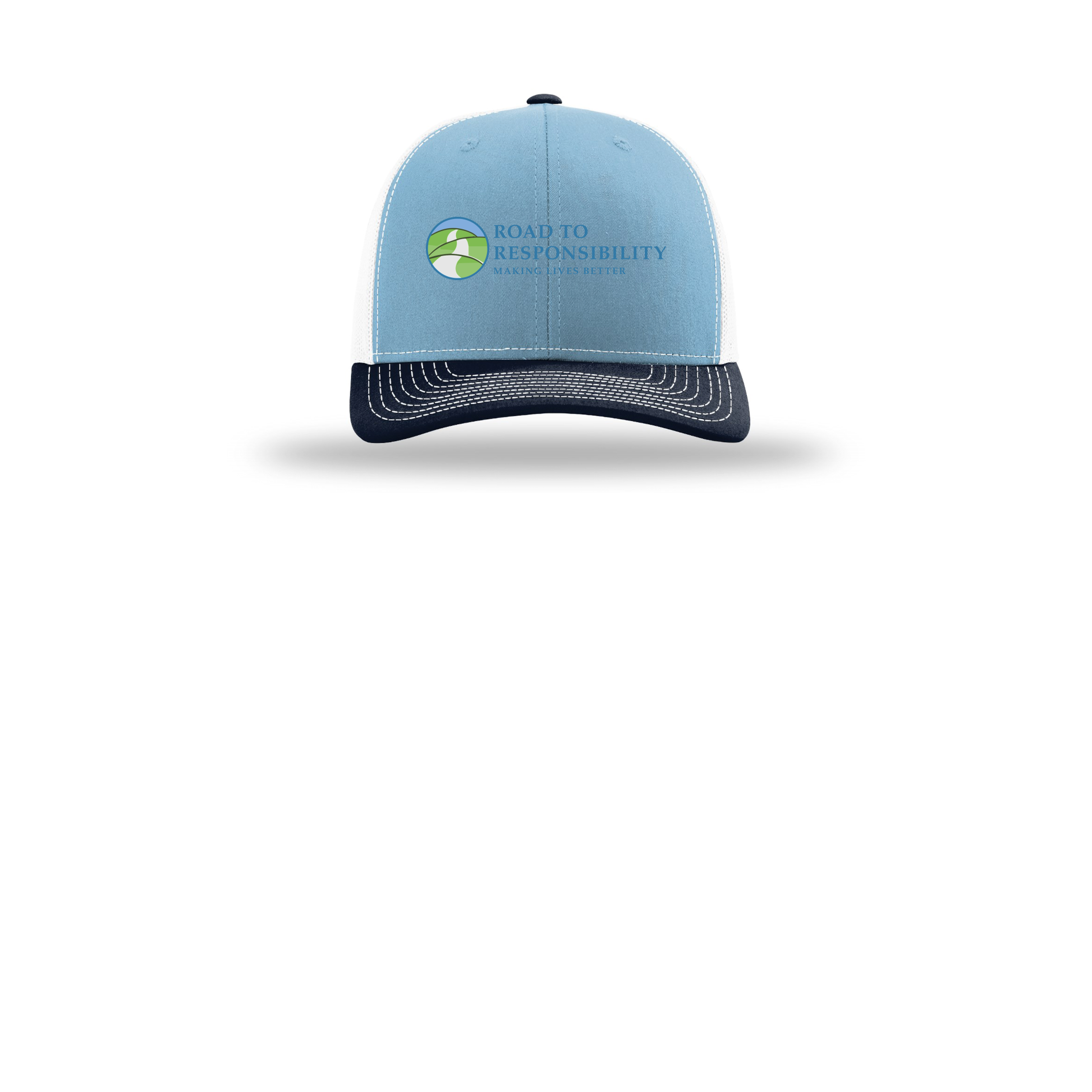 roadtoresponsibility-richardson-trucker-cap-embroidery-capfront-R112-columbiabluewhitenavy-flat-front