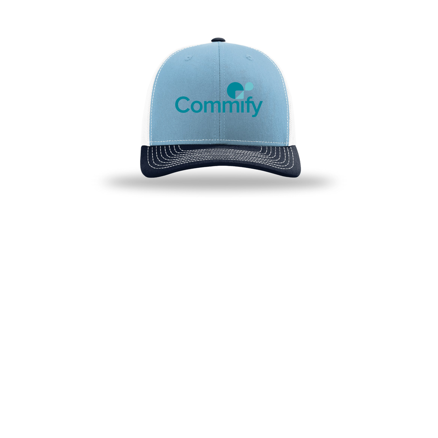 commify-richardson-trucker-cap-embroidery-capfront-R112-columbiabluewhitenavy-flat-front