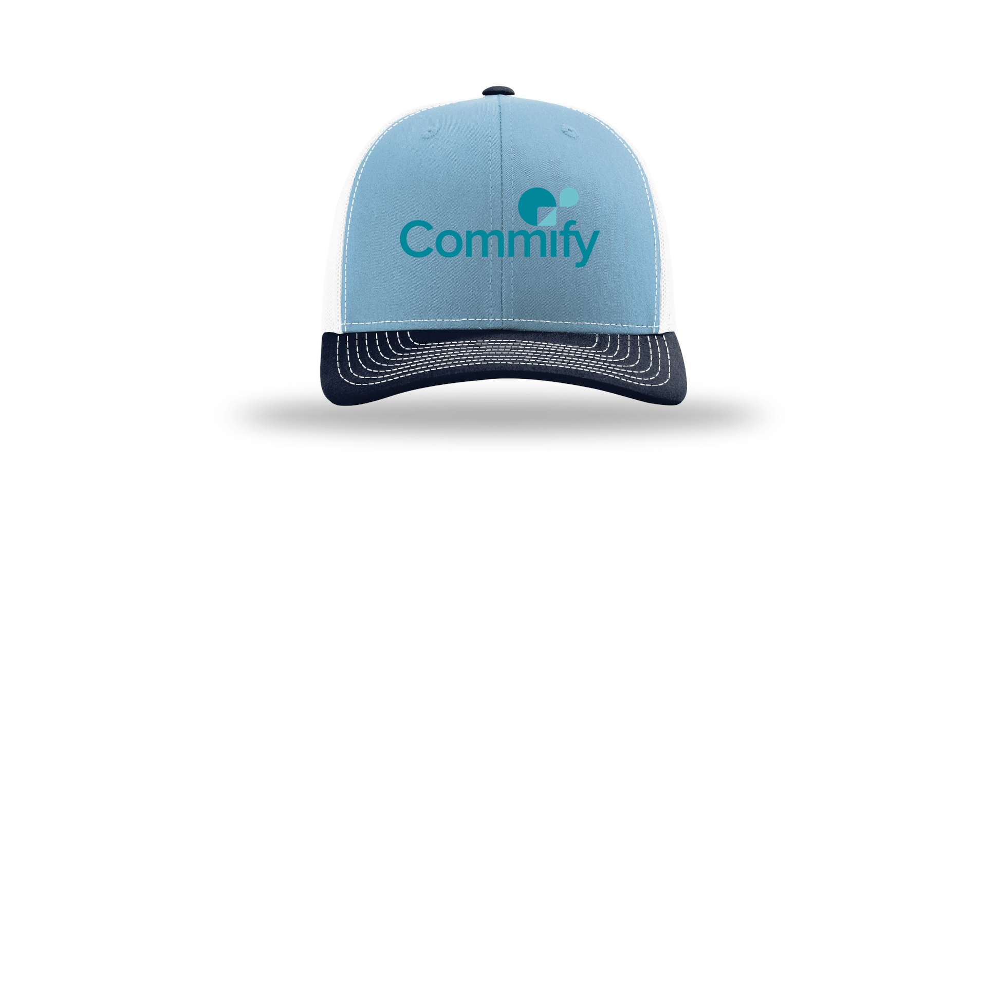 commify-richardson-trucker-cap-embroidery-capfront-R112-columbiabluewhitenavy-flat-front