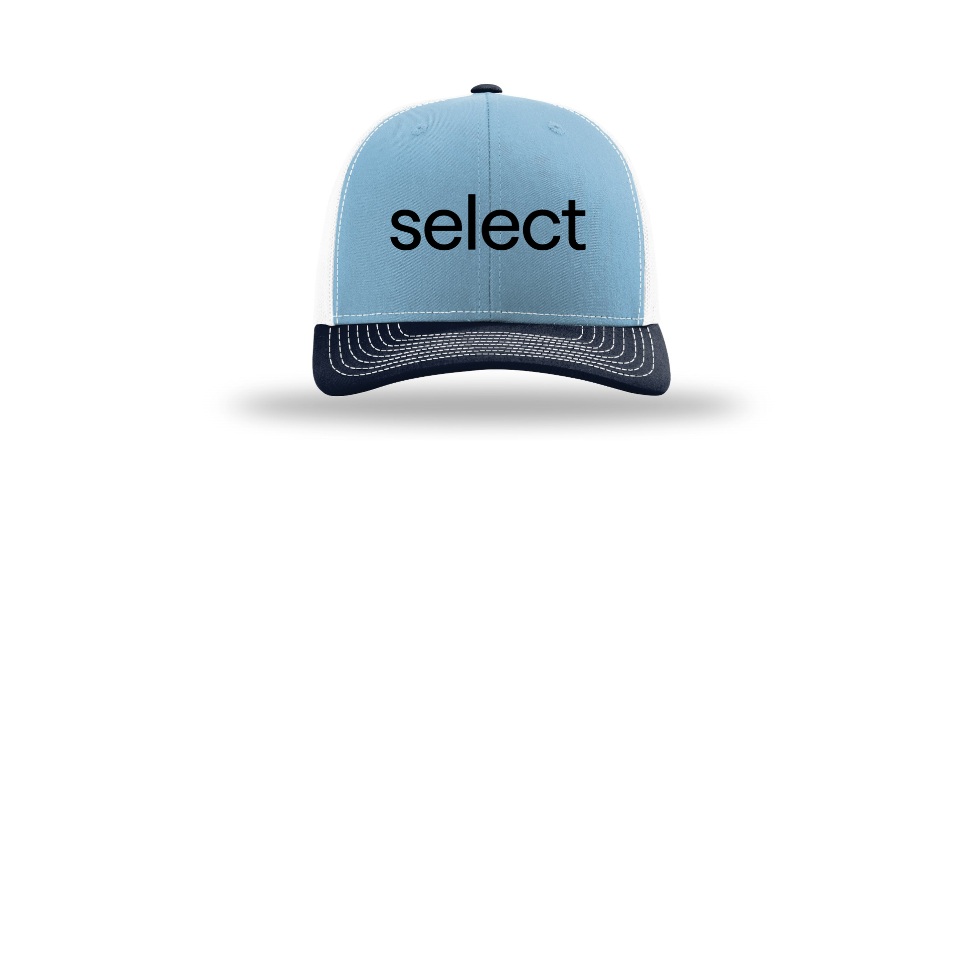 meetselect-richardson-trucker-cap-embroidery-capfront-R112-columbiabluewhitenavy-flat-front