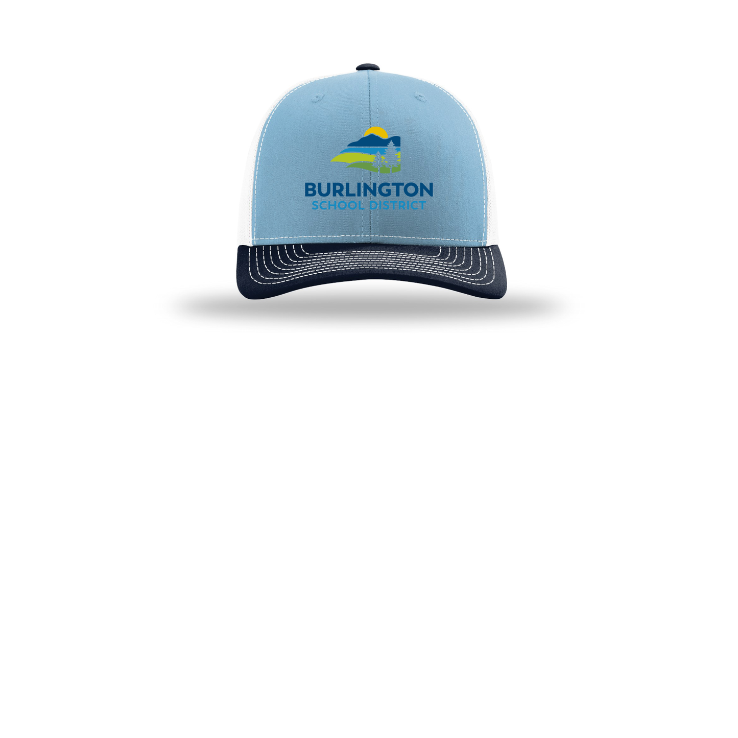 bsdvt-richardson-trucker-cap-embroidery-capfront-R112-columbiabluewhitenavy-flat-front