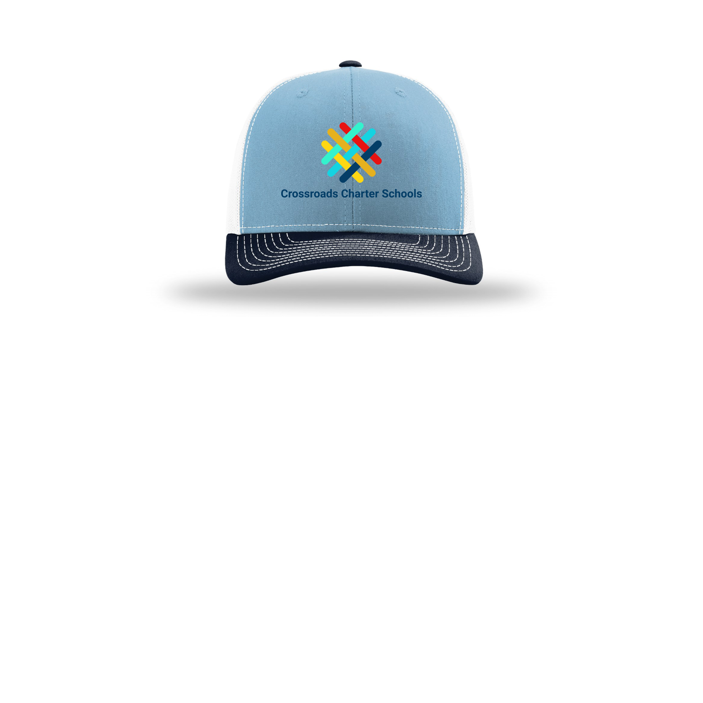 crossroadsschoolskc-richardson-trucker-cap-embroidery-capfront-R112-columbiabluewhitenavy-flat-front