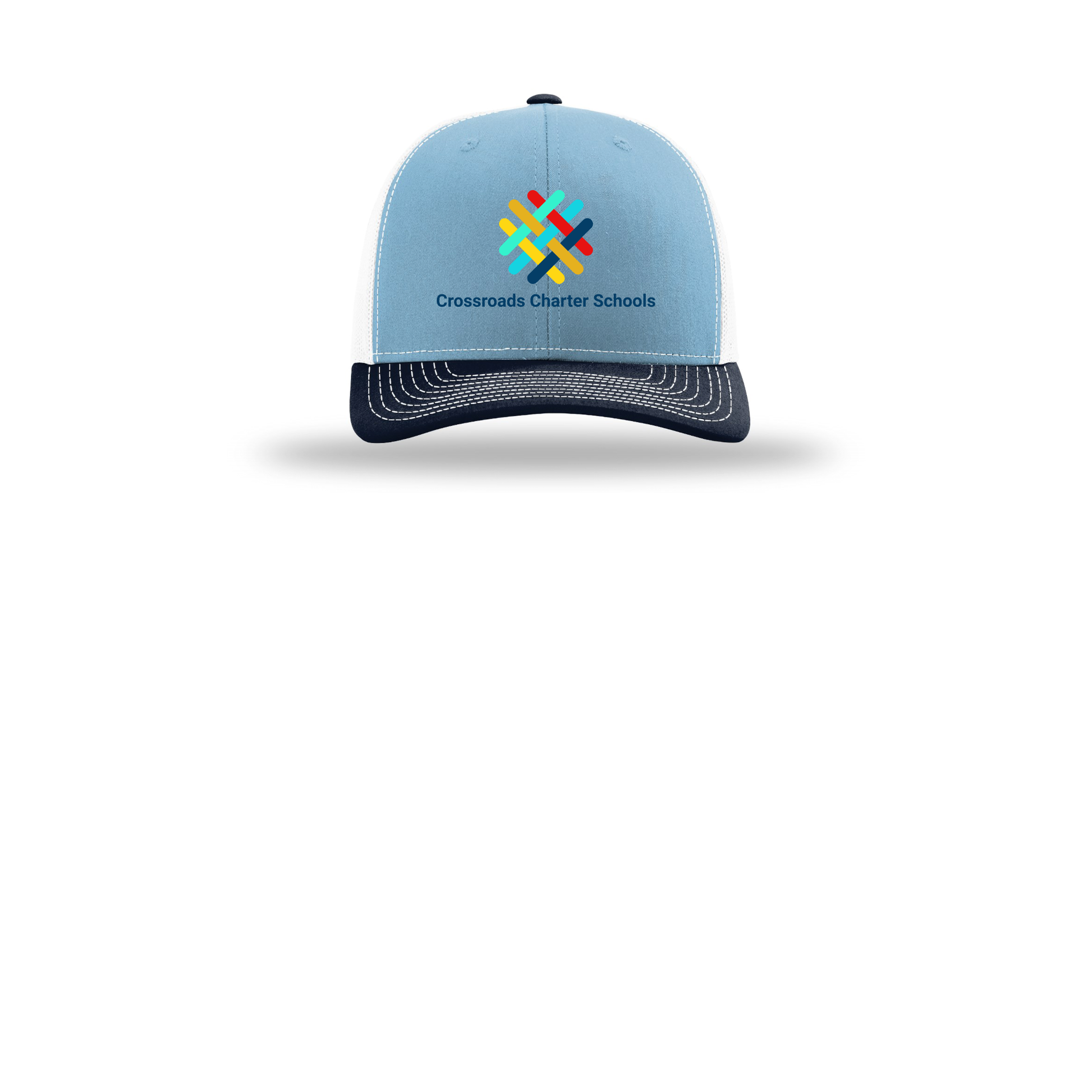 crossroadsschoolskc-richardson-trucker-cap-embroidery-capfront-R112-columbiabluewhitenavy-flat-front