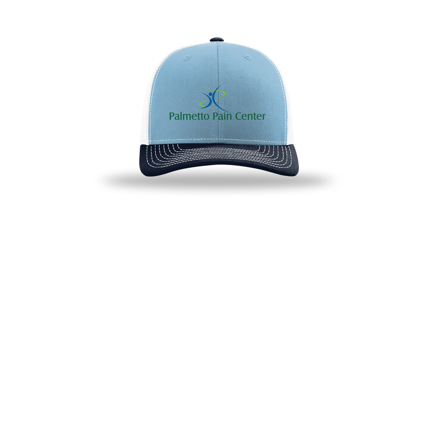 palmetto-pain-center-richardson-trucker-cap-embroidery-capfront-R112-columbiabluewhitenavy-flat-front