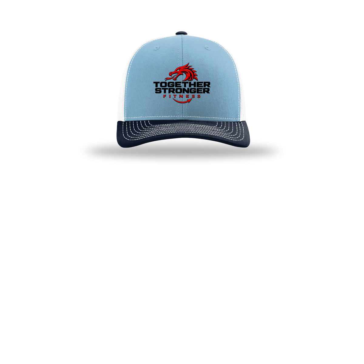 togetherstrongerfitness-richardson-trucker-cap-embroidery-capfront-R112-columbiabluewhitenavy-flat-front