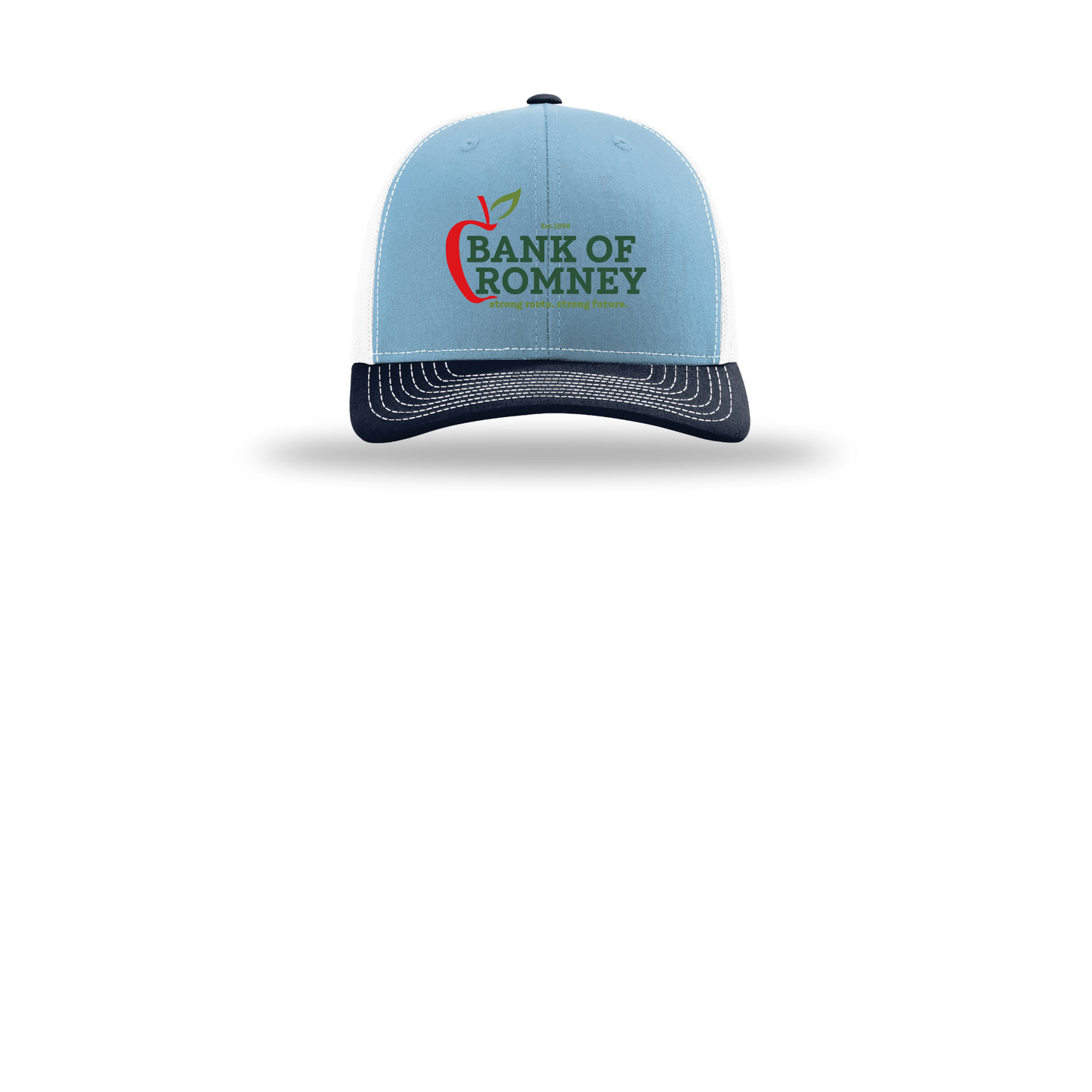 bankofromney-richardson-trucker-cap-embroidery-capfront-R112-columbiabluewhitenavy-flat-front