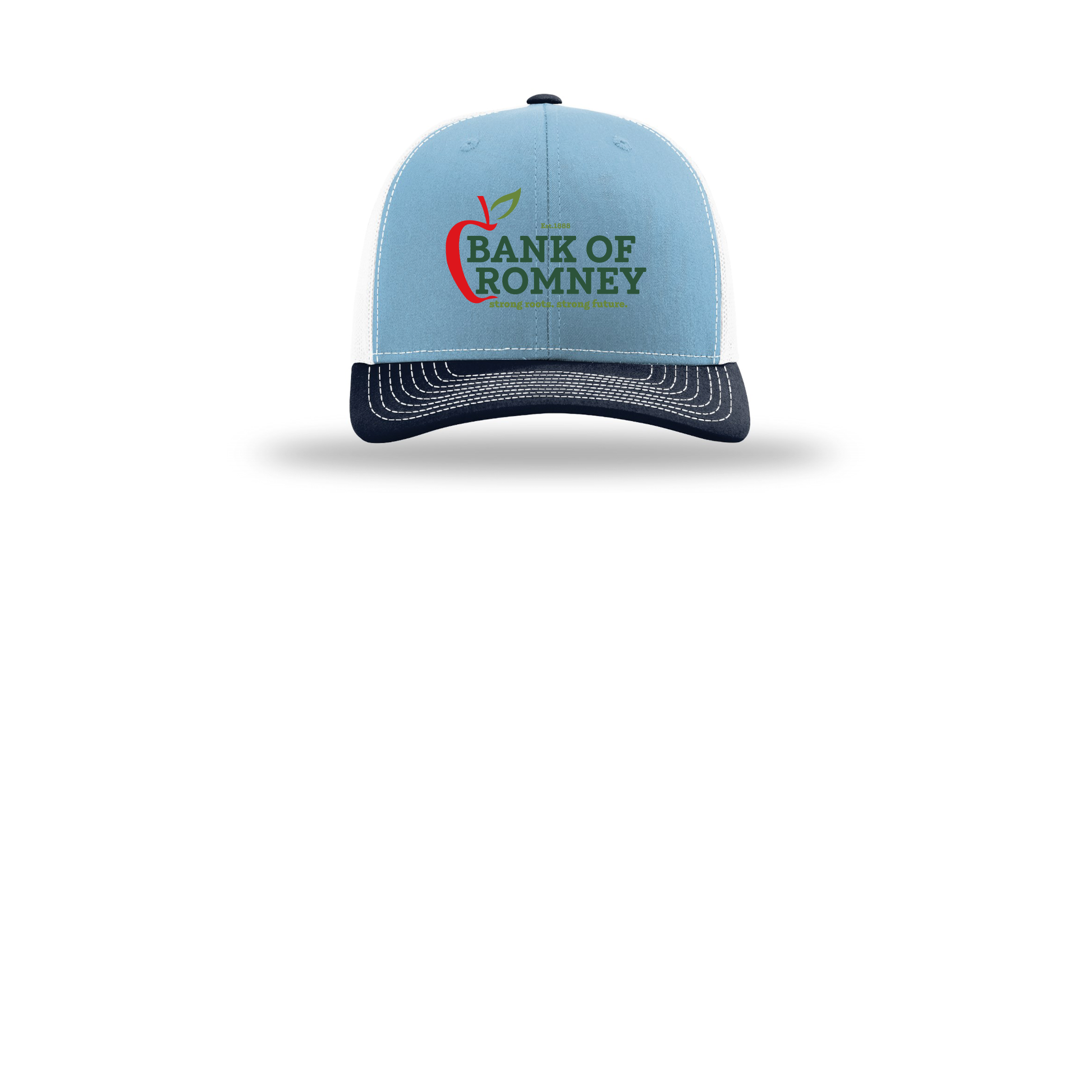 bankofromney-richardson-trucker-cap-embroidery-capfront-R112-columbiabluewhitenavy-flat-front