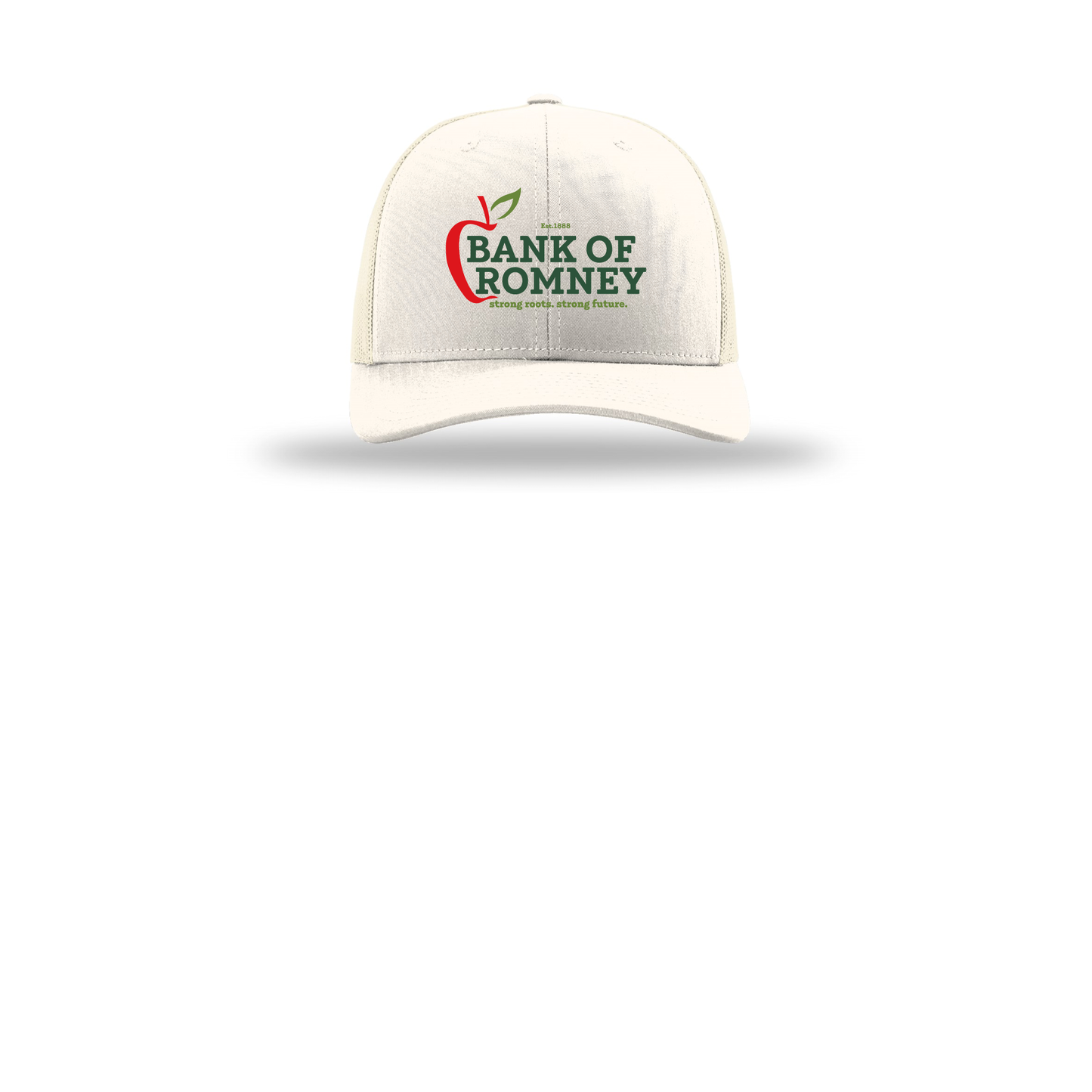 bankofromney-richardson-trucker-cap-embroidery-capfront-R112-cream-flat-front