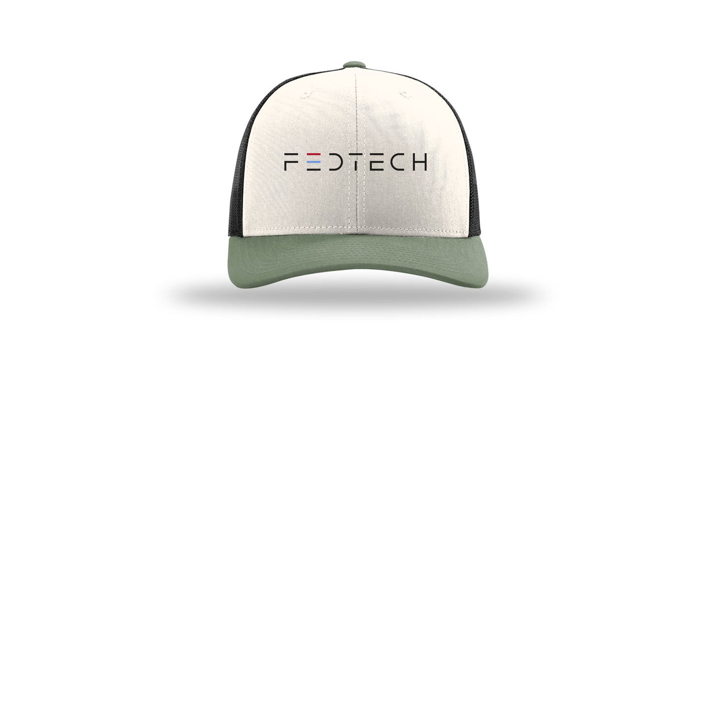 fedtech-richardson-trucker-cap-embroidery-capfront-R112-creamblackloden-flat-front