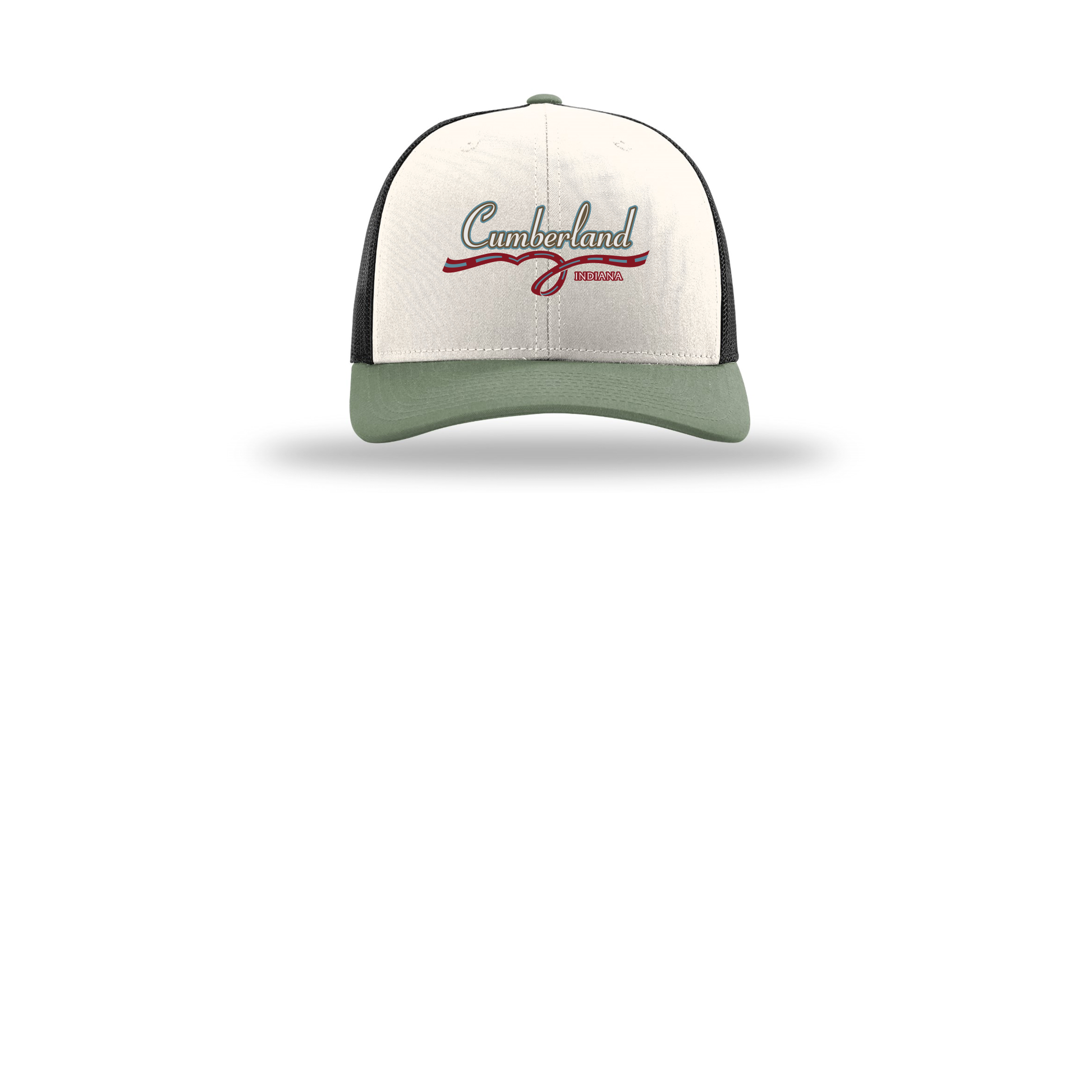 cumberland-richardson-trucker-cap-embroidery-capfront-R112-creamblackloden-flat-front