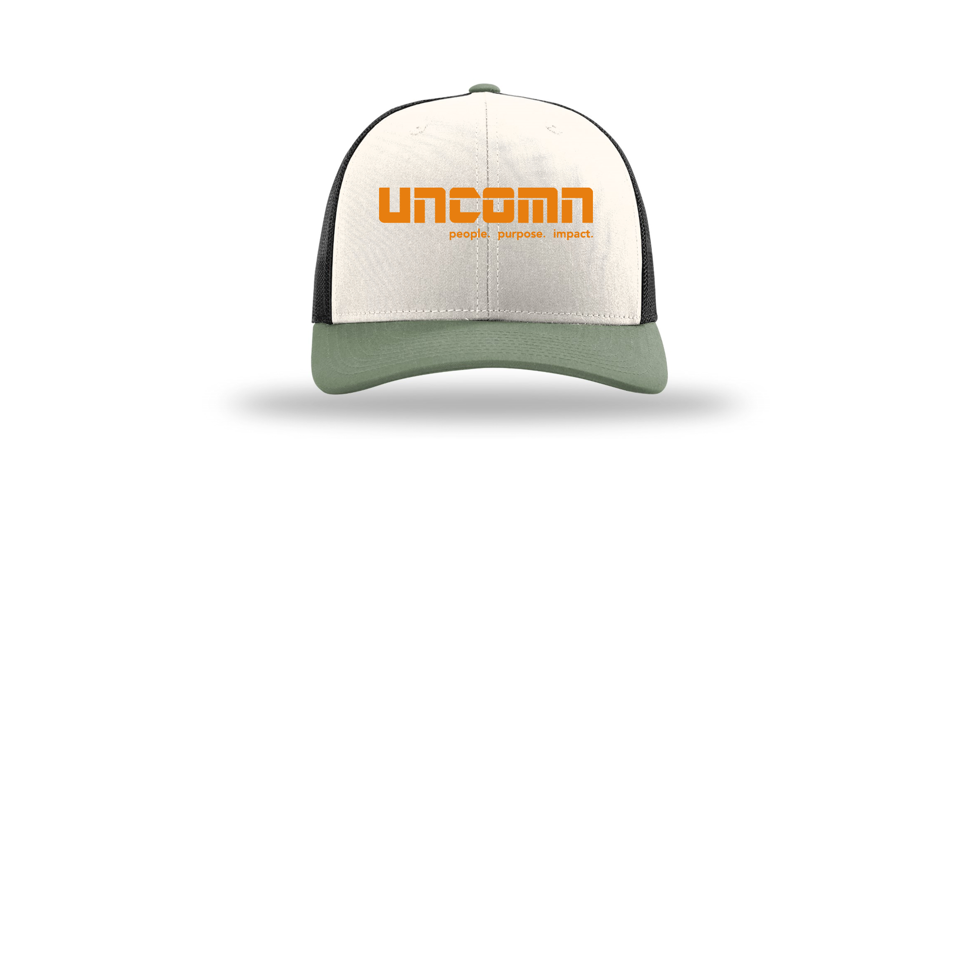 uncomn-richardson-trucker-cap-embroidery-capfront-R112-creamblackloden-flat-front