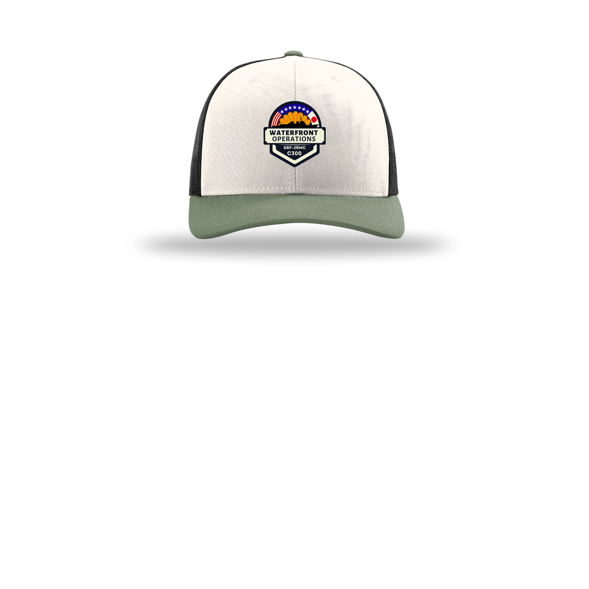 waterfront-operations-retro-trucker-cap-embroidery-capfront-R112-creamblackloden-flat-front