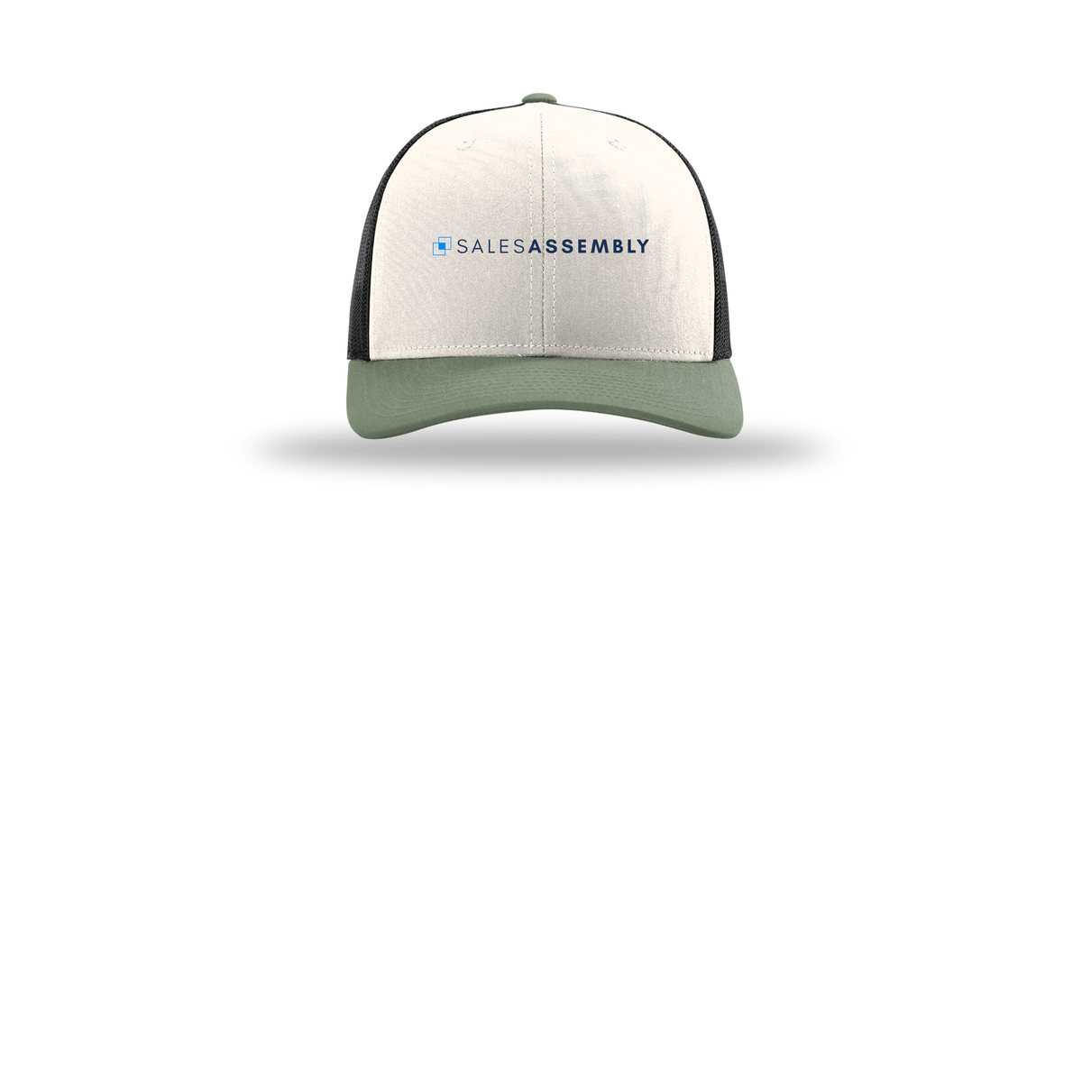 salesassembly-richardson-trucker-cap-embroidery-capfront-R112-creamblackloden-flat-front