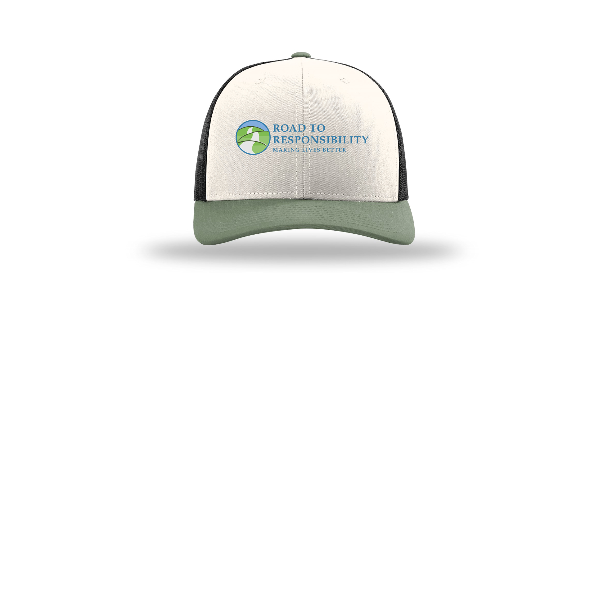 roadtoresponsibility-richardson-trucker-cap-embroidery-capfront-R112-creamblackloden-flat-front