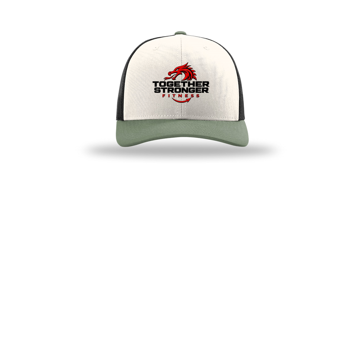 togetherstrongerfitness-richardson-trucker-cap-embroidery-capfront-R112-creamblackloden-flat-front