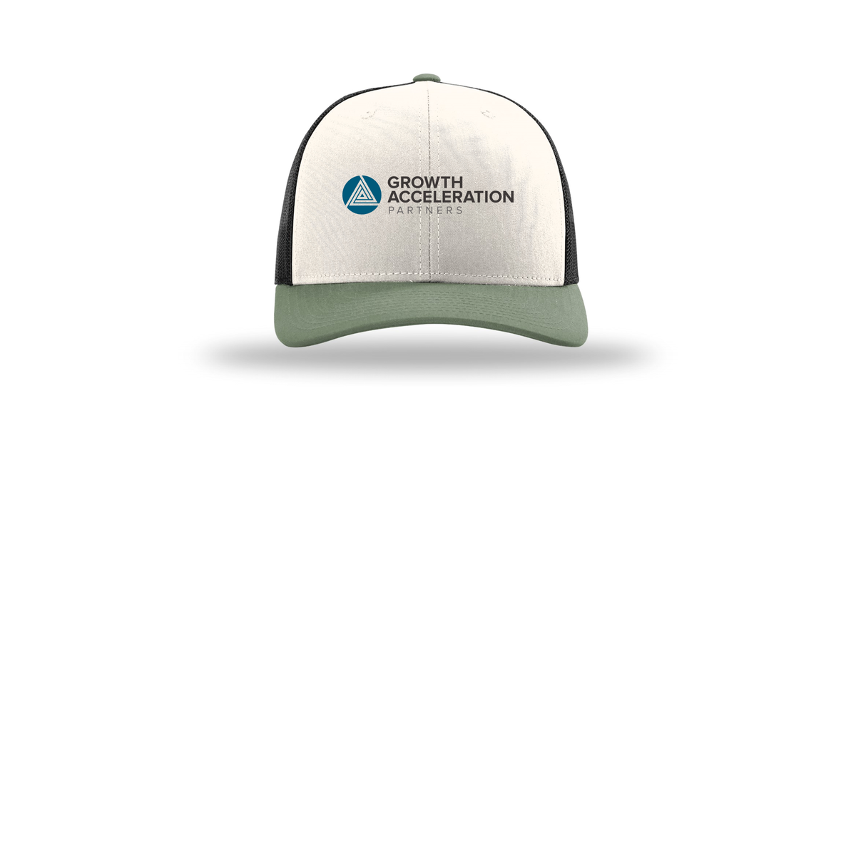 growthaccelerationpartners-richardson-trucker-cap-embroidery-capfront-R112-creamblackloden-flat-front
