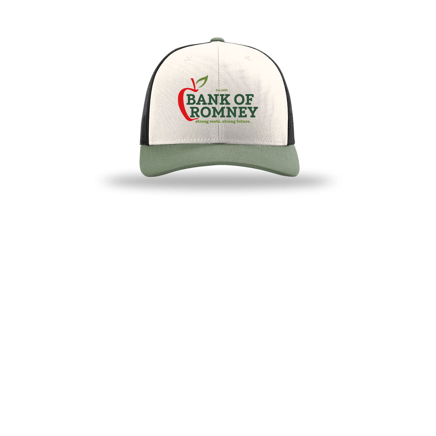 bankofromney-richardson-trucker-cap-embroidery-capfront-R112-creamblackloden-flat-front