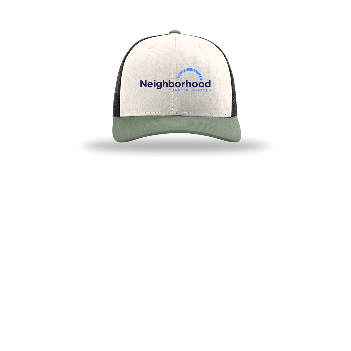 ncschools-richardson-trucker-cap-embroidery-capfront-R112-creamblackloden-flat-front