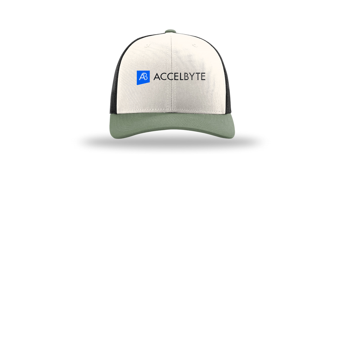accelbyte-richardson-trucker-cap-embroidery-capfront-R112-creamblackloden-flat-front