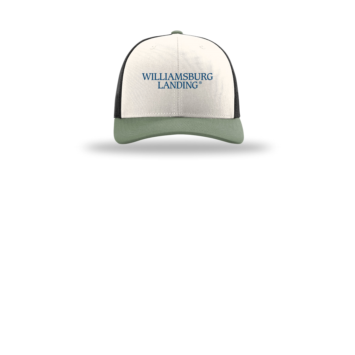 williamsburglanding-richardson-trucker-cap-embroidery-capfront-R112-creamblackloden-flat-front