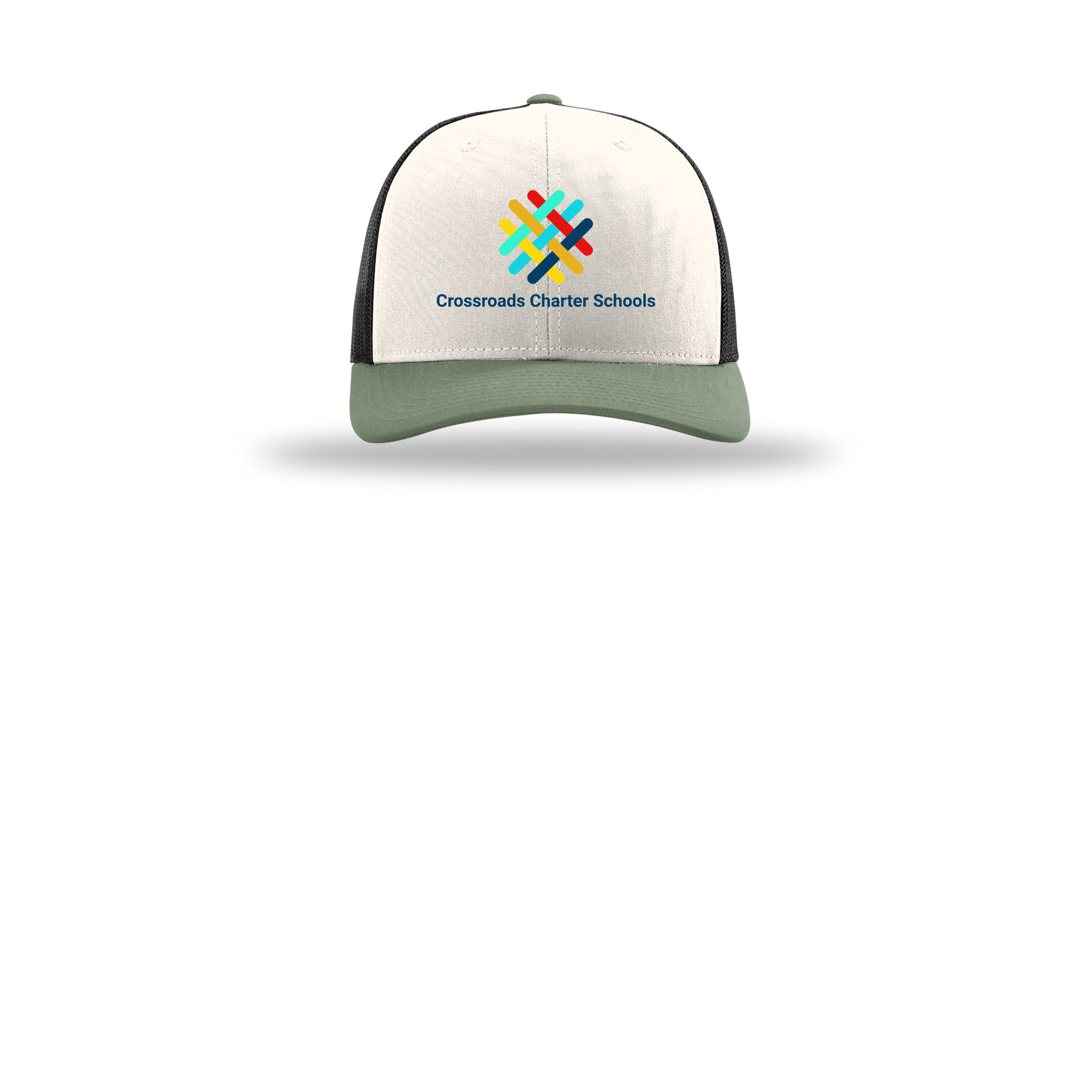 crossroadsschoolskc-richardson-trucker-cap-embroidery-capfront-R112-creamblackloden-flat-front