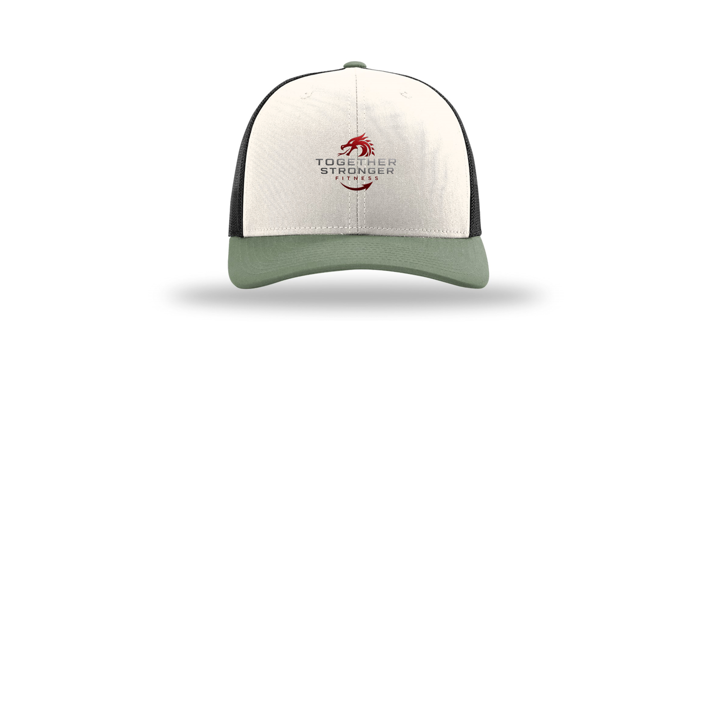 togetherstrongerfitness-richardson-trucker-cap-embroidery-capfront-R112-creamblackloden-flat-front