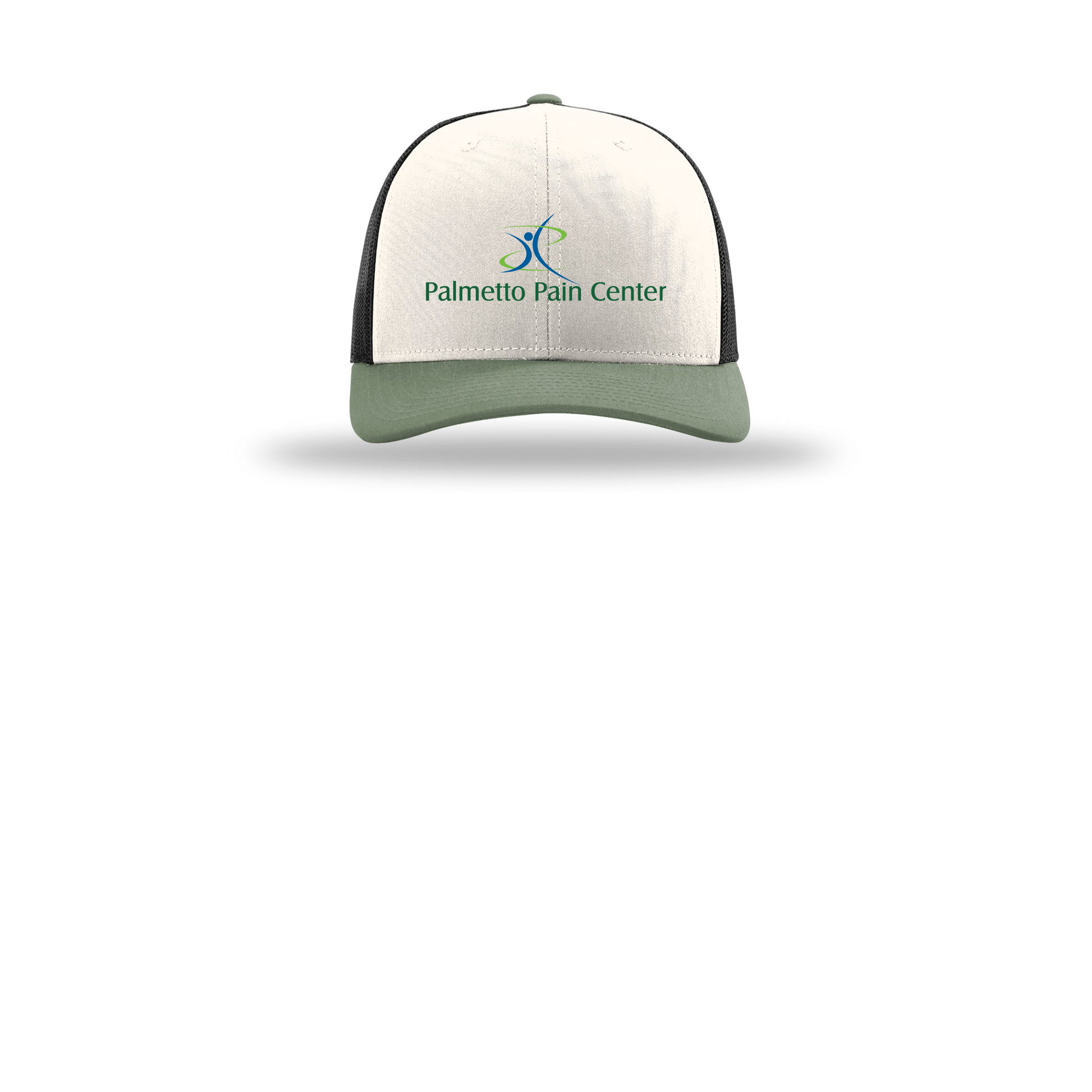 palmetto-pain-center-richardson-trucker-cap-embroidery-capfront-R112-creamblackloden-flat-front