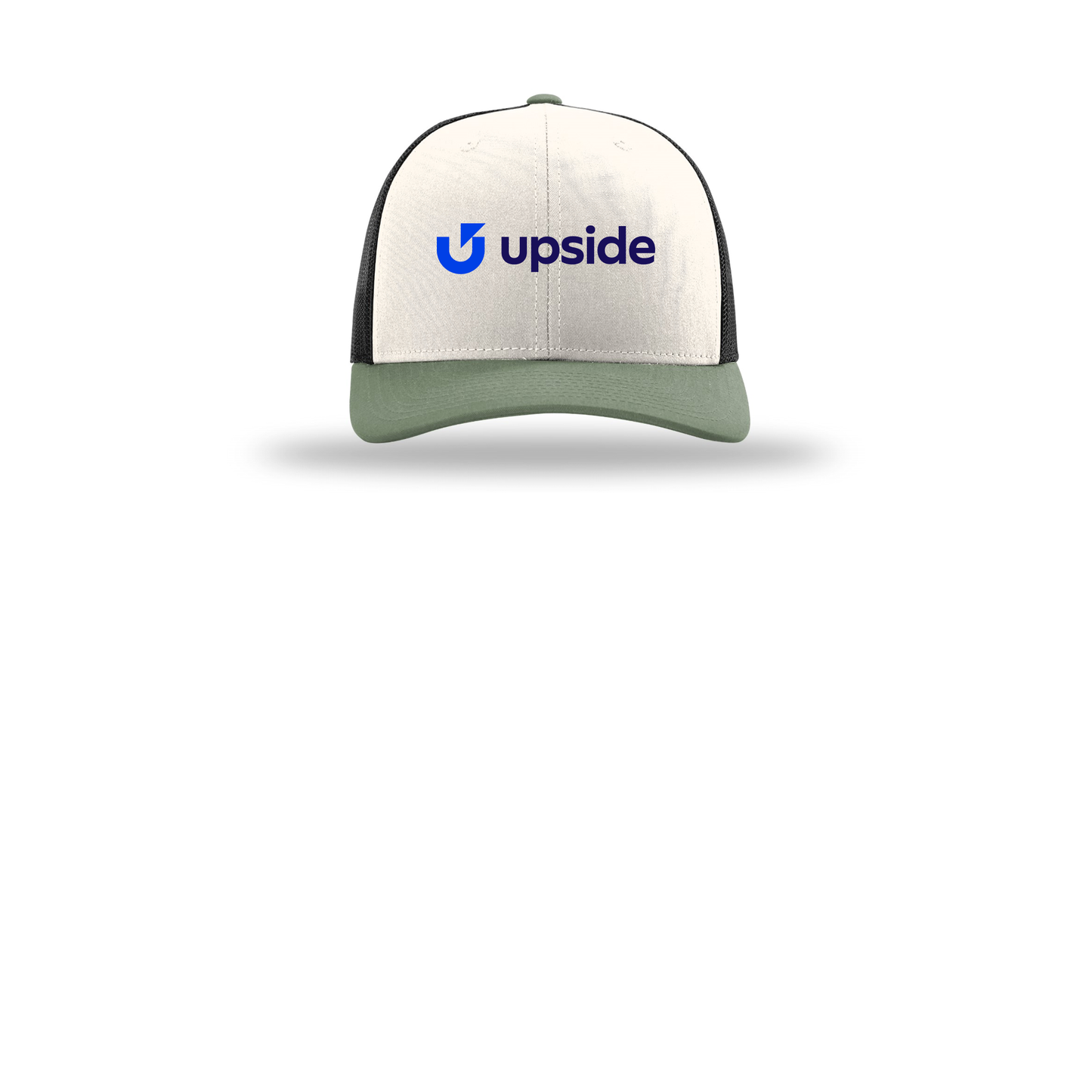 upside-richardson-trucker-cap-embroidery-capfront-R112-creamblackloden-flat-front