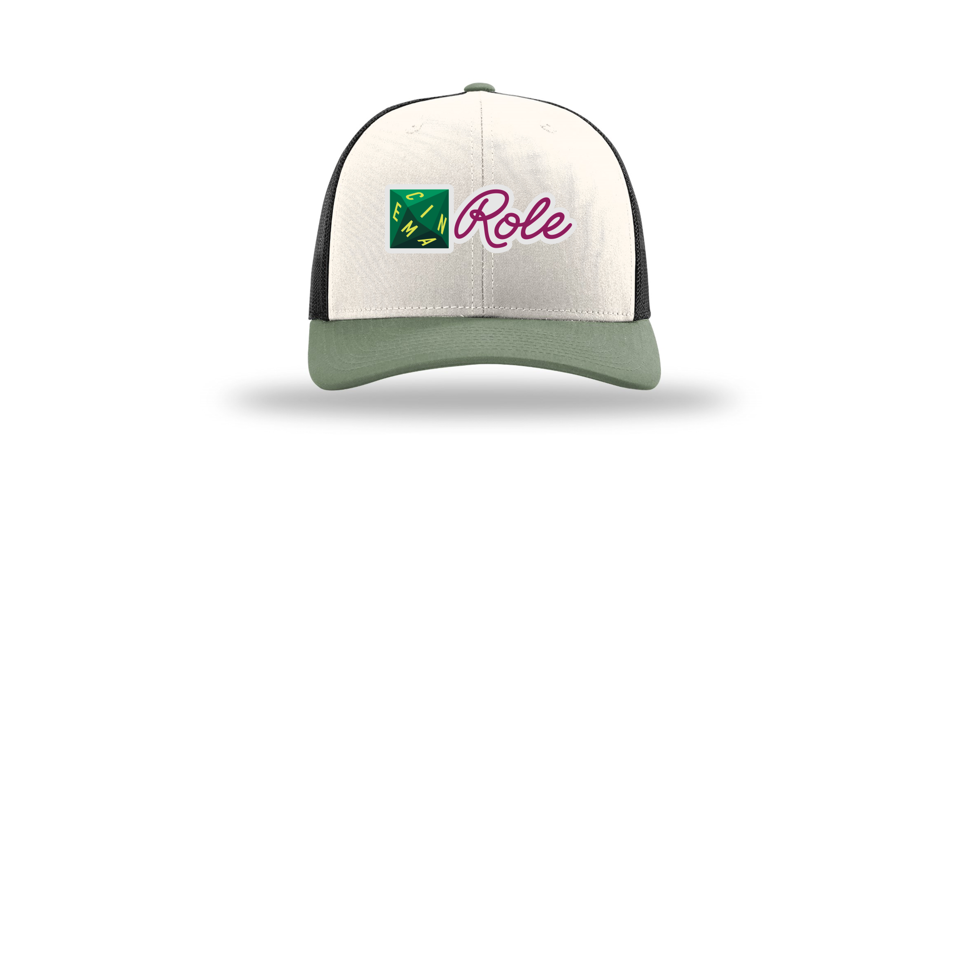 cinemarole-richardson-trucker-cap-embroidery-capfront-R112-creamblackloden-flat-front