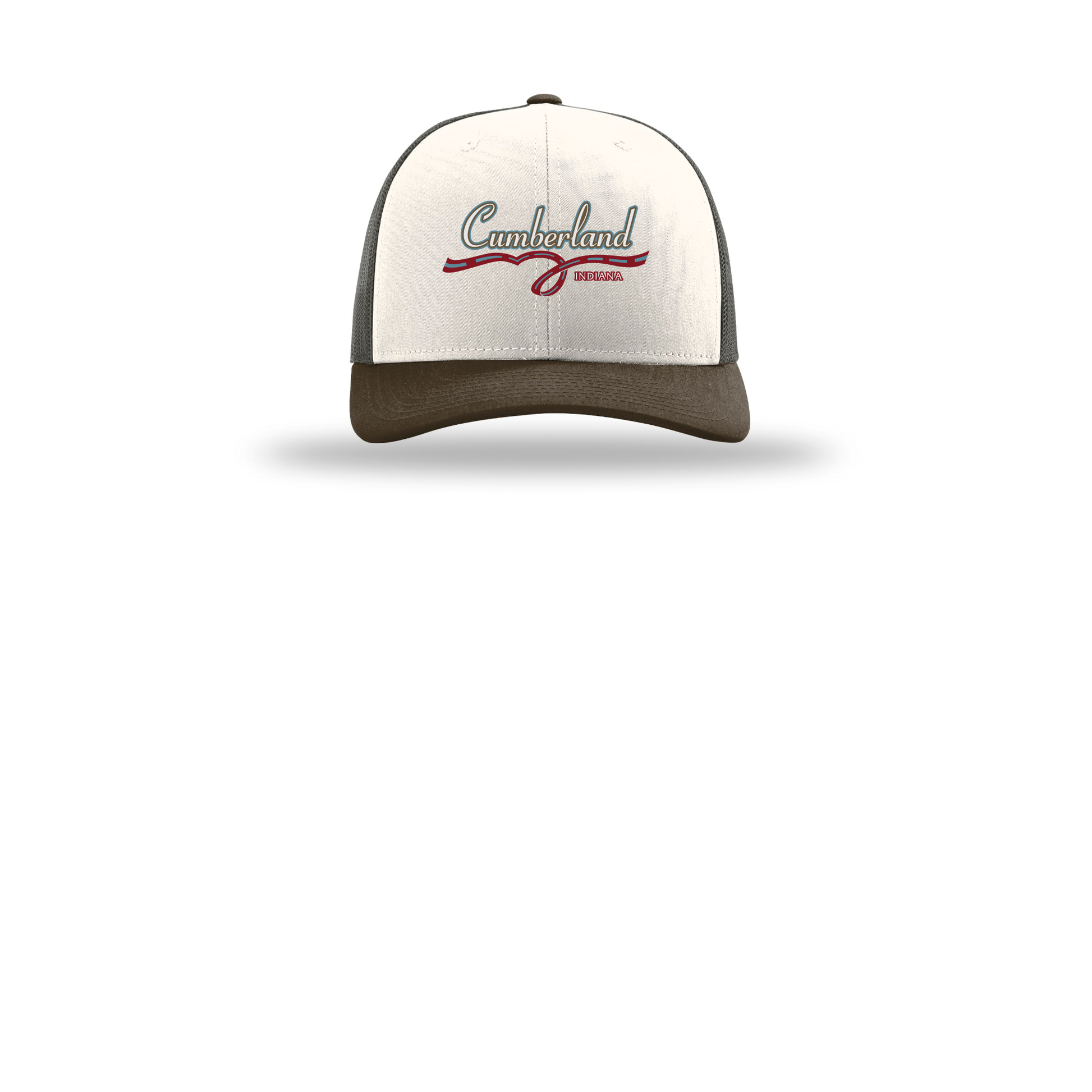 cumberland-richardson-trucker-cap-embroidery-capfront-R112-creamgreybrownbrown-flat-front
