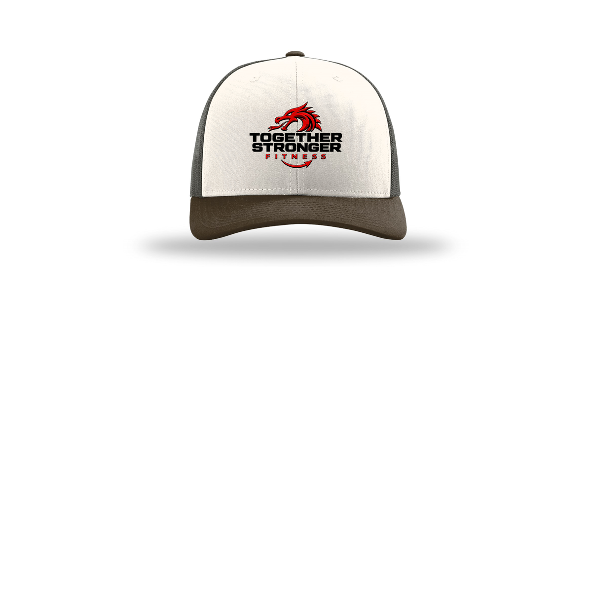 togetherstrongerfitness-richardson-trucker-cap-embroidery-capfront-R112-creamgreybrownbrown-flat-front