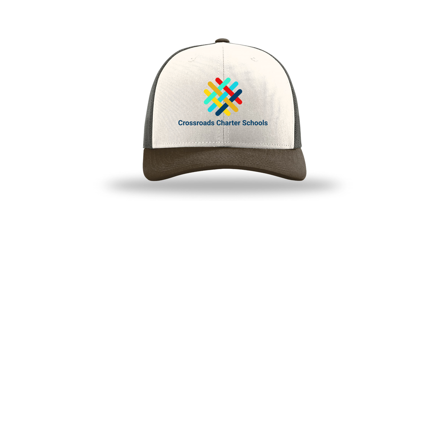 crossroadsschoolskc-richardson-trucker-cap-embroidery-capfront-R112-creamgreybrownbrown-flat-front