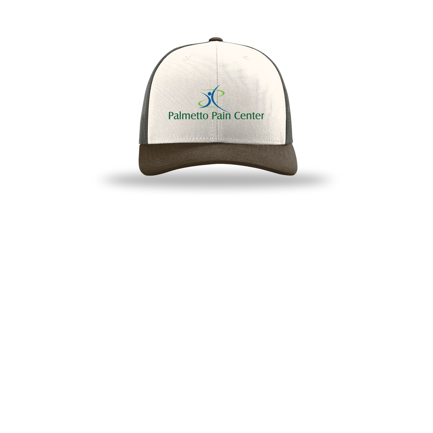 palmetto-pain-center-richardson-trucker-cap-embroidery-capfront-R112-creamgreybrownbrown-flat-front