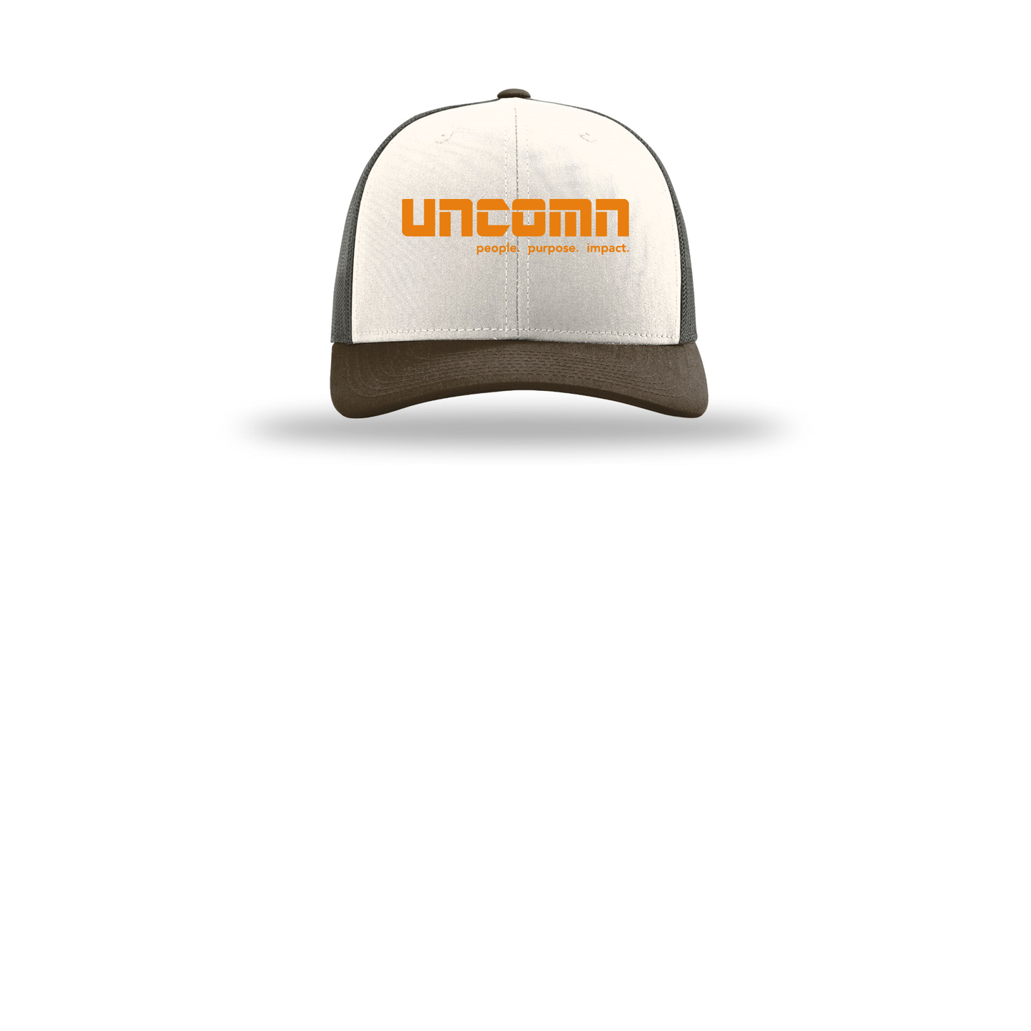 uncomn-richardson-trucker-cap-embroidery-capfront-R112-creamgreybrownbrown-flat-front