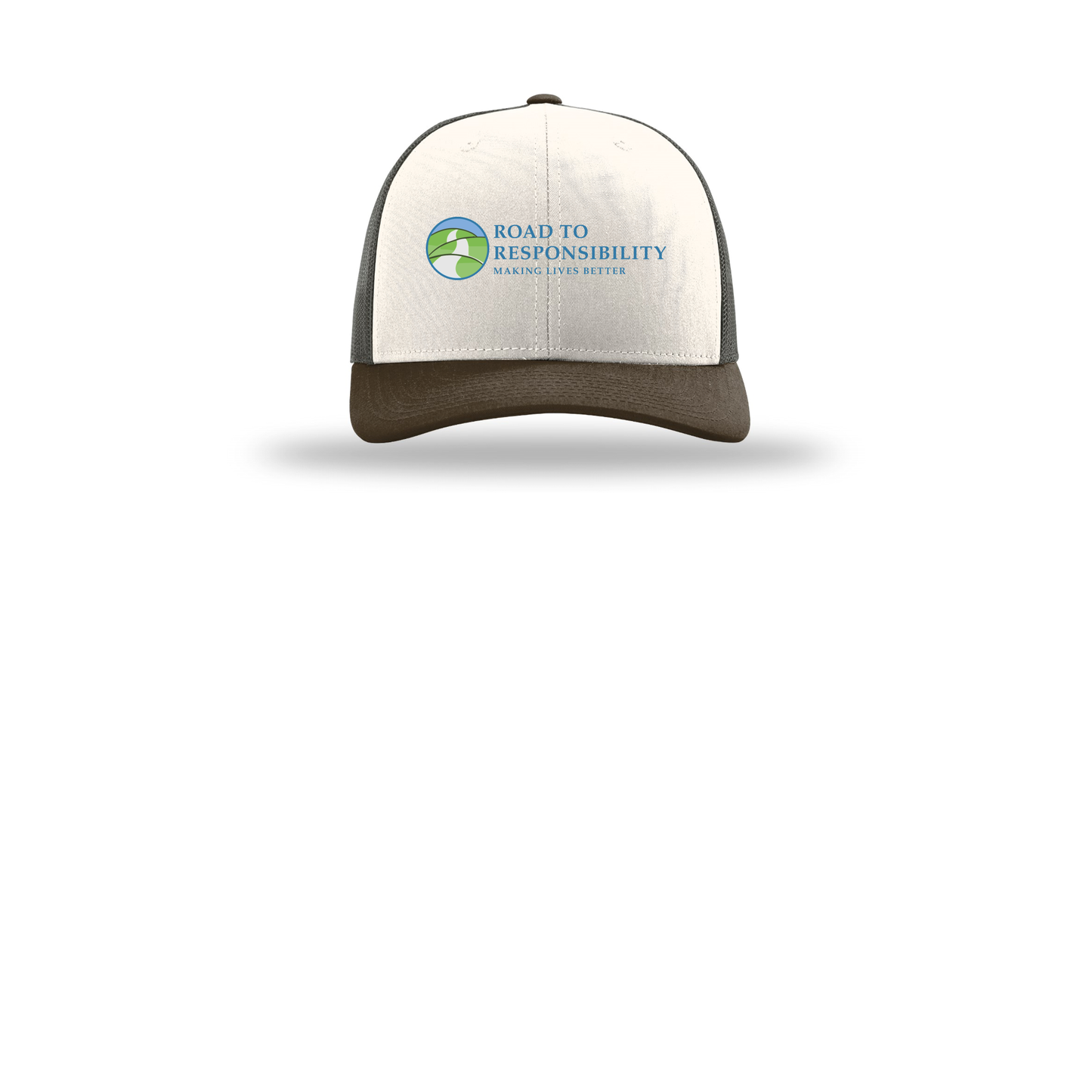 roadtoresponsibility-richardson-trucker-cap-embroidery-capfront-R112-creamgreybrownbrown-flat-front