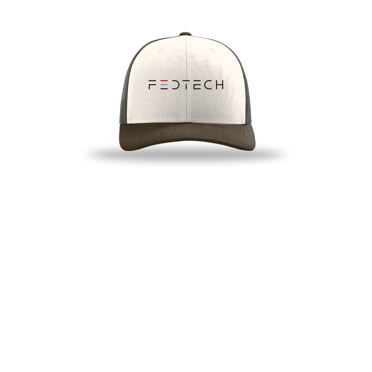 fedtech-richardson-trucker-cap-embroidery-capfront-R112-creamgreybrownbrown-flat-front