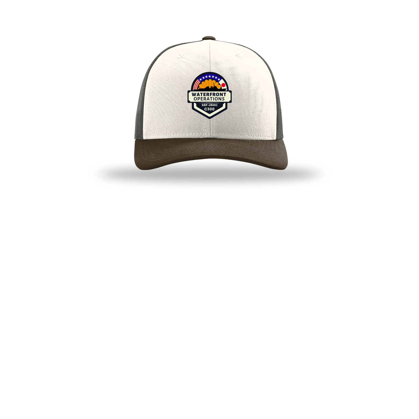 waterfront-operations-retro-trucker-cap-embroidery-capfront-R112-creamgreybrownbrown-flat-front
