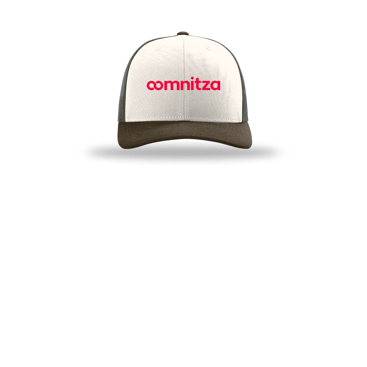 oomnitza-richardson-trucker-cap-embroidery-capfront-R112-creamgreybrownbrown-flat-front
