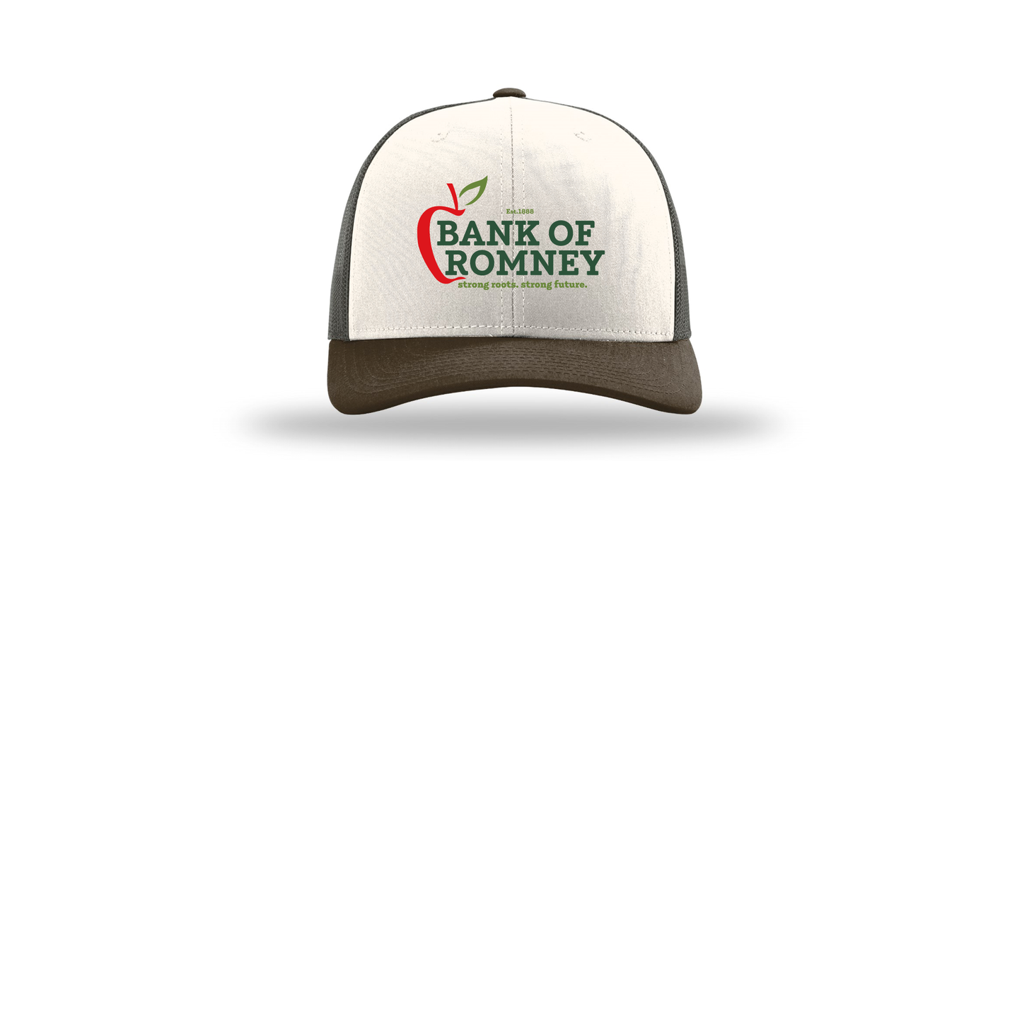 bankofromney-richardson-trucker-cap-embroidery-capfront-R112-creamgreybrownbrown-flat-front