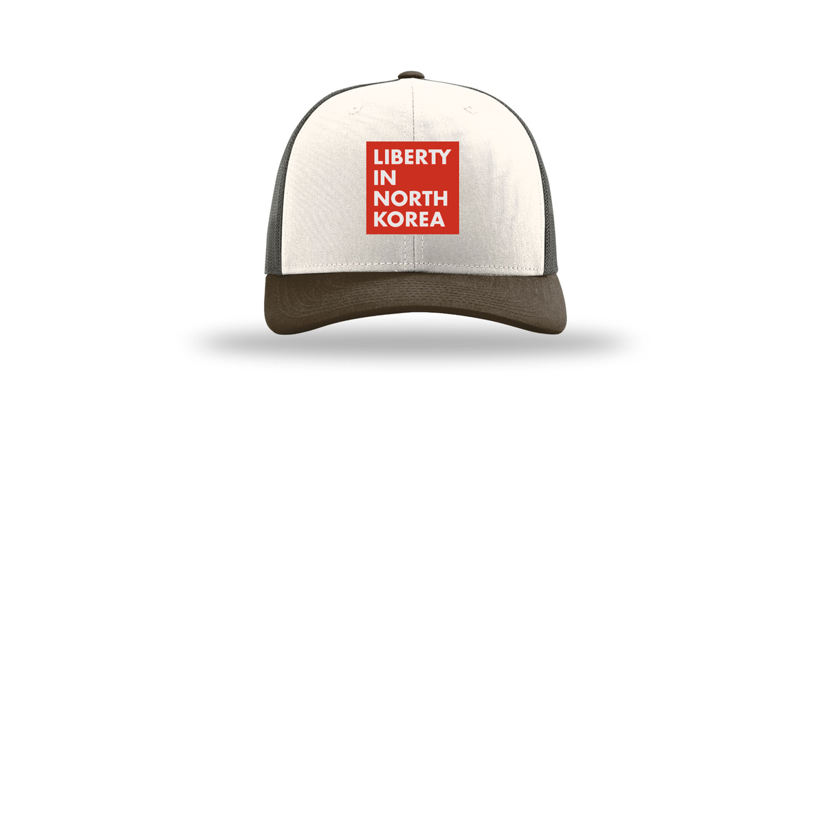libertyinnorthkorea-richardson-trucker-cap-embroidery-capfront-R112-creamgreybrownbrown-flat-front