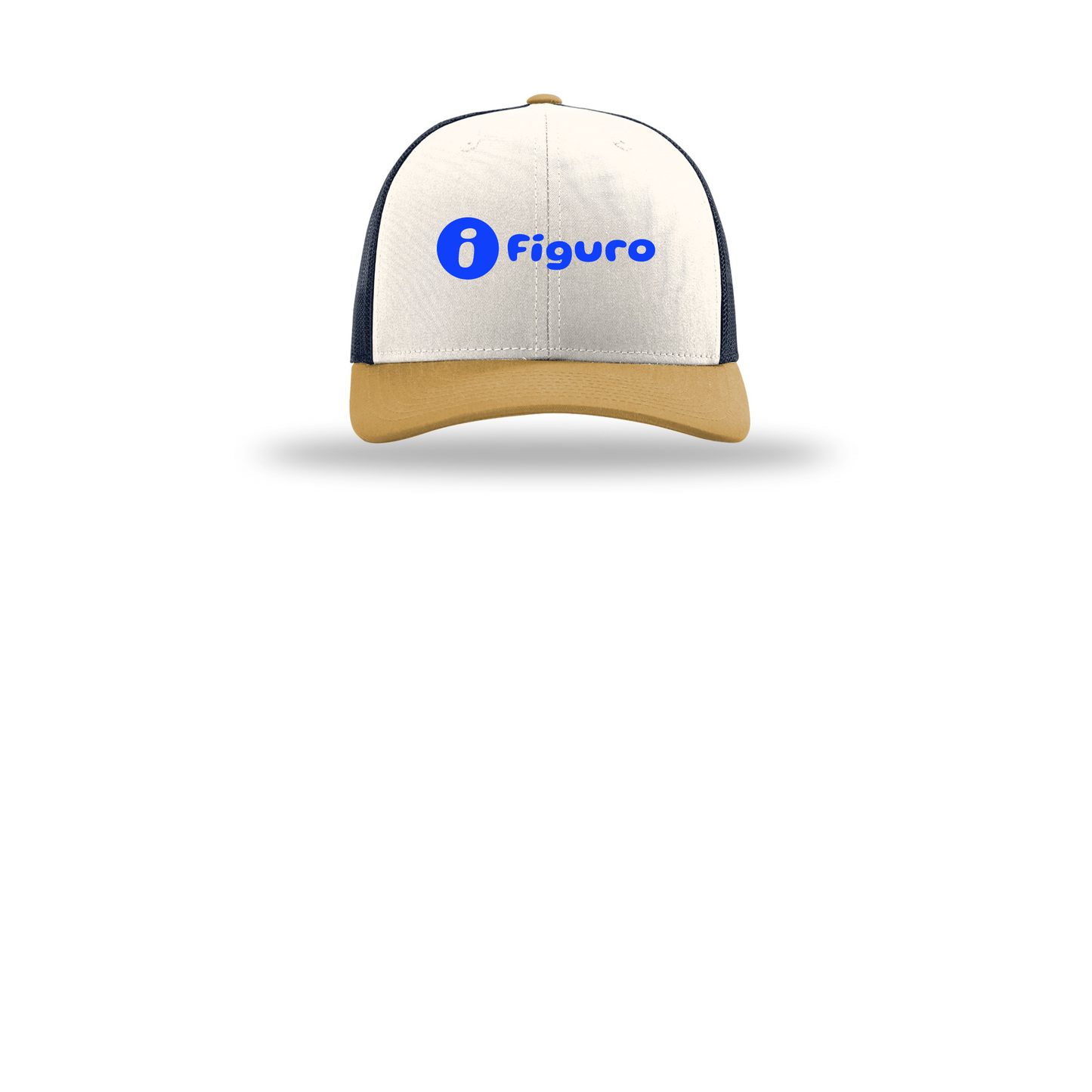 getfiguro-richardson-trucker-cap-embroidery-capfront-R112-creamnavyambergold-flat-front