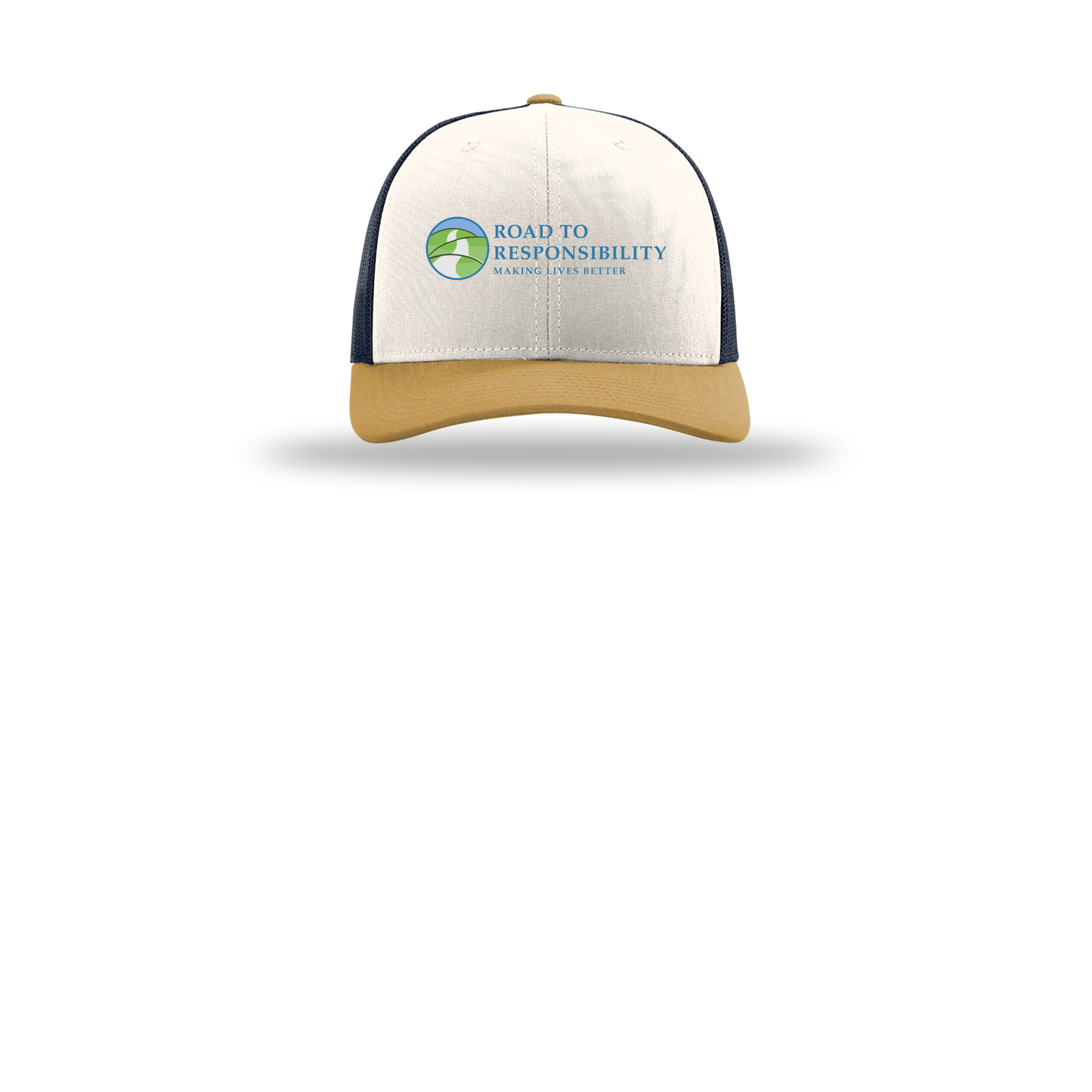 roadtoresponsibility-richardson-trucker-cap-embroidery-capfront-R112-creamnavyambergold-flat-front