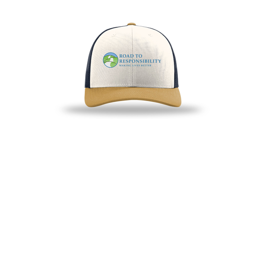 roadtoresponsibility-richardson-trucker-cap-embroidery-capfront-R112-creamnavyambergold-flat-front