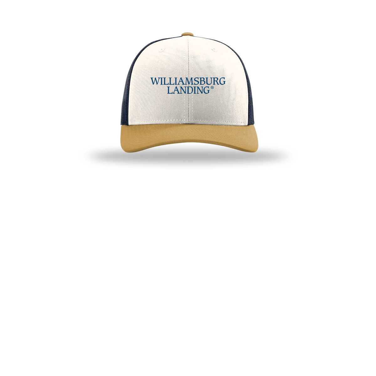 williamsburglanding-richardson-trucker-cap-embroidery-capfront-R112-creamnavyambergold-flat-front